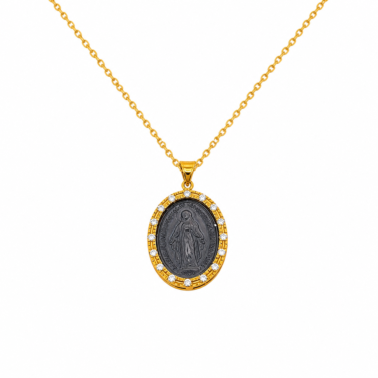 COLLANA IN ORO GIALLO CON CERAMICA VERDE ALL'INTERNO CON MADONINNA  E DIAMANTI INTORNO