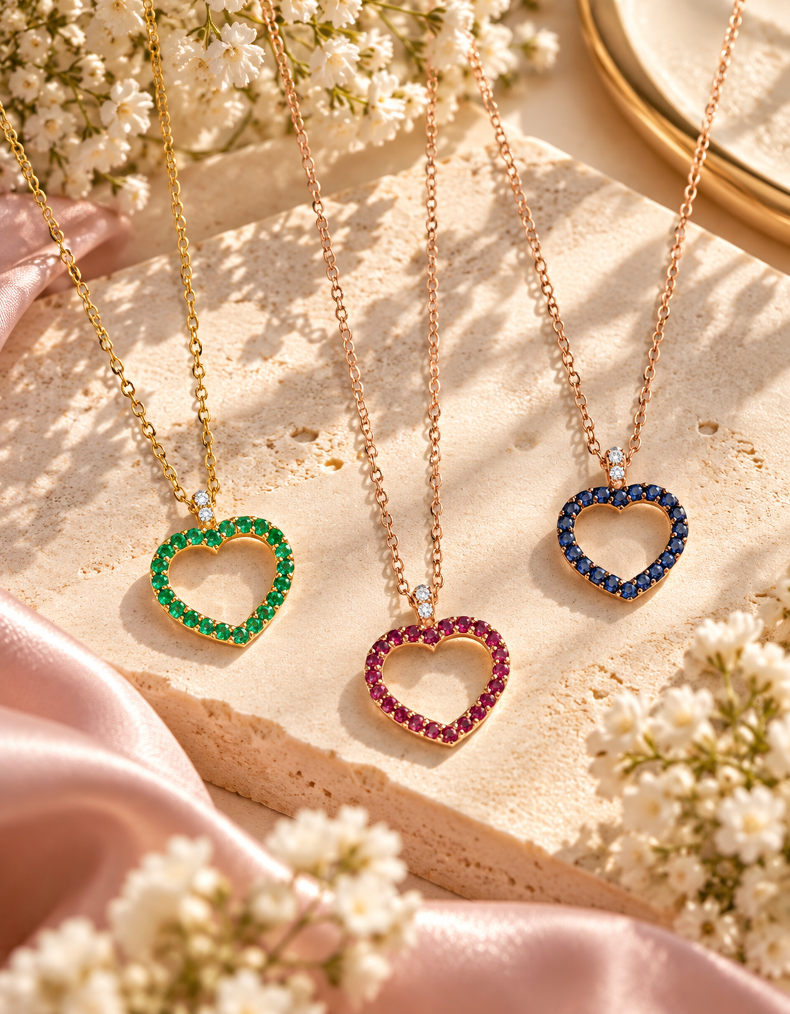 CIONDOLO IN ORO ROSA CON CUORE PICCOLO APERTO DI DIAMANTI E SMERALDI