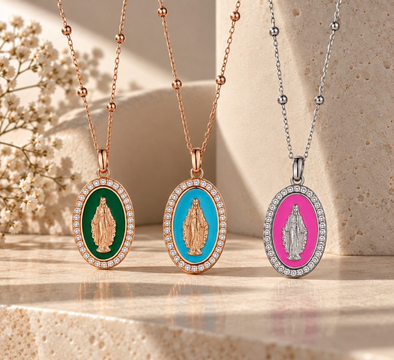 ciondolo madonna in oro rosa con diamanti e smalto verde