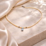 COLLANA PERLE IN ORO 9KT, CON DIAMANTINO E ACQUAMARINA QUADRATA CENTRALE