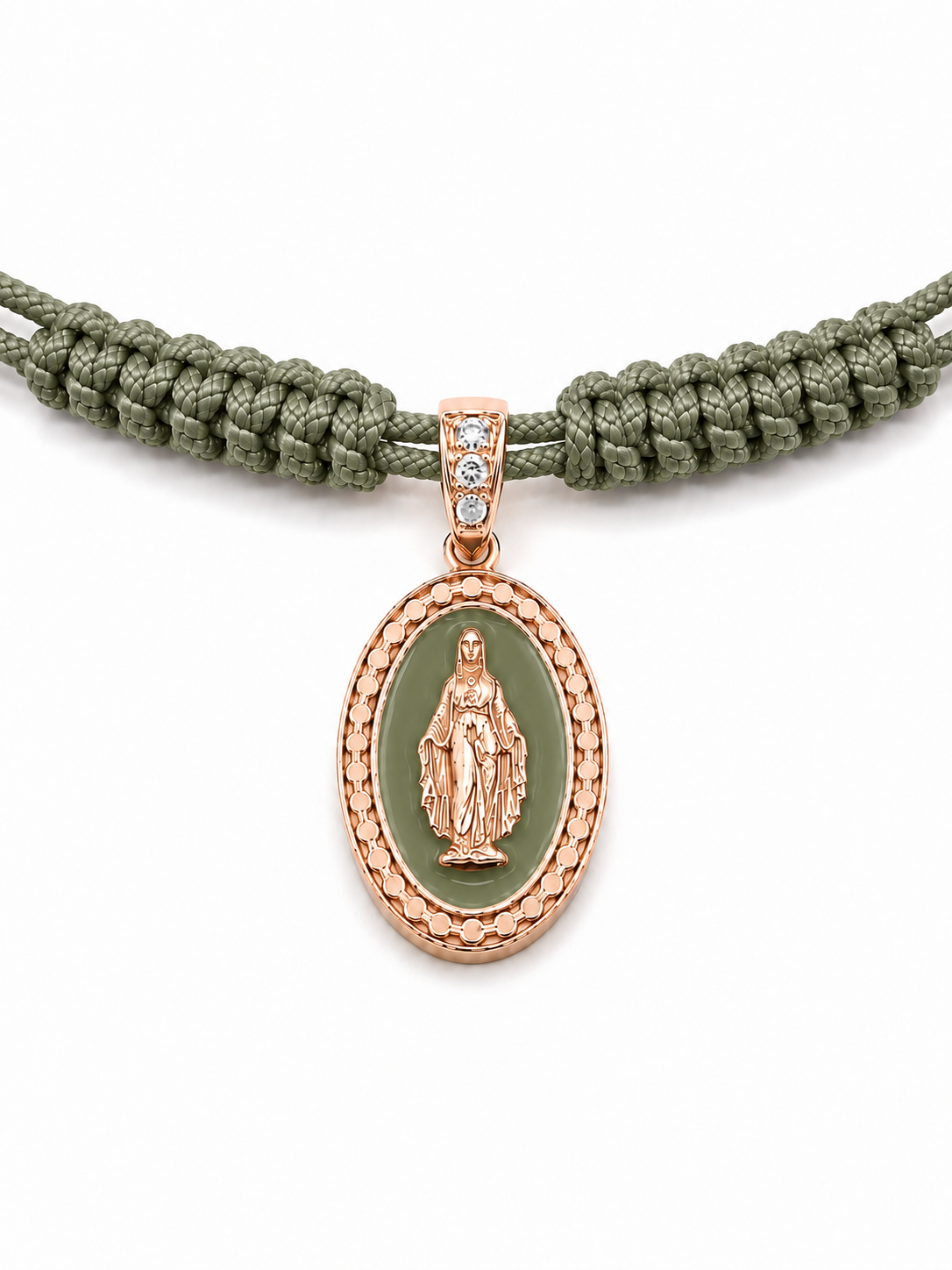 COLLANA LACCIO CON MADONNINA SMALTATA VERDE E LACCIO VERDE IN ORO 9KT CON DIAMANTI
