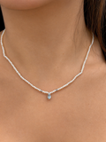 COLLANA PERLE IN ORO 9KT, CON DIAMANTINO E ACQUAMARINA OVALE CENTRALE