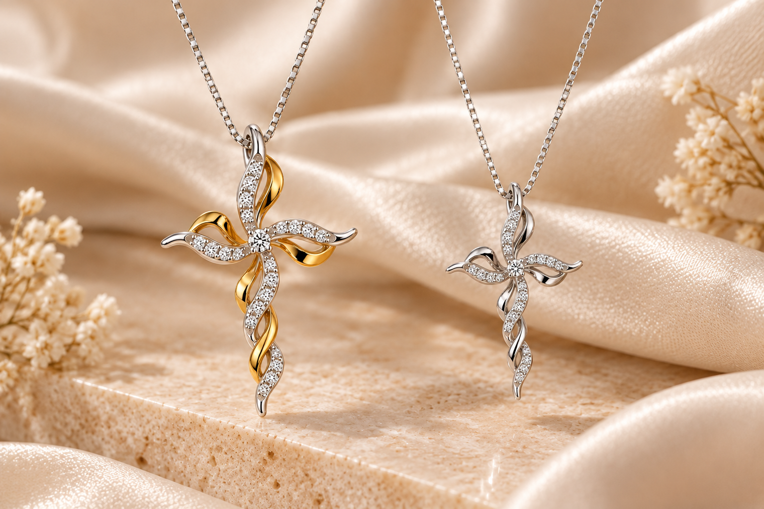 CROCE FANTASIA DONNA IN ORO BIANCO E GIALLO CON DIAMANTI