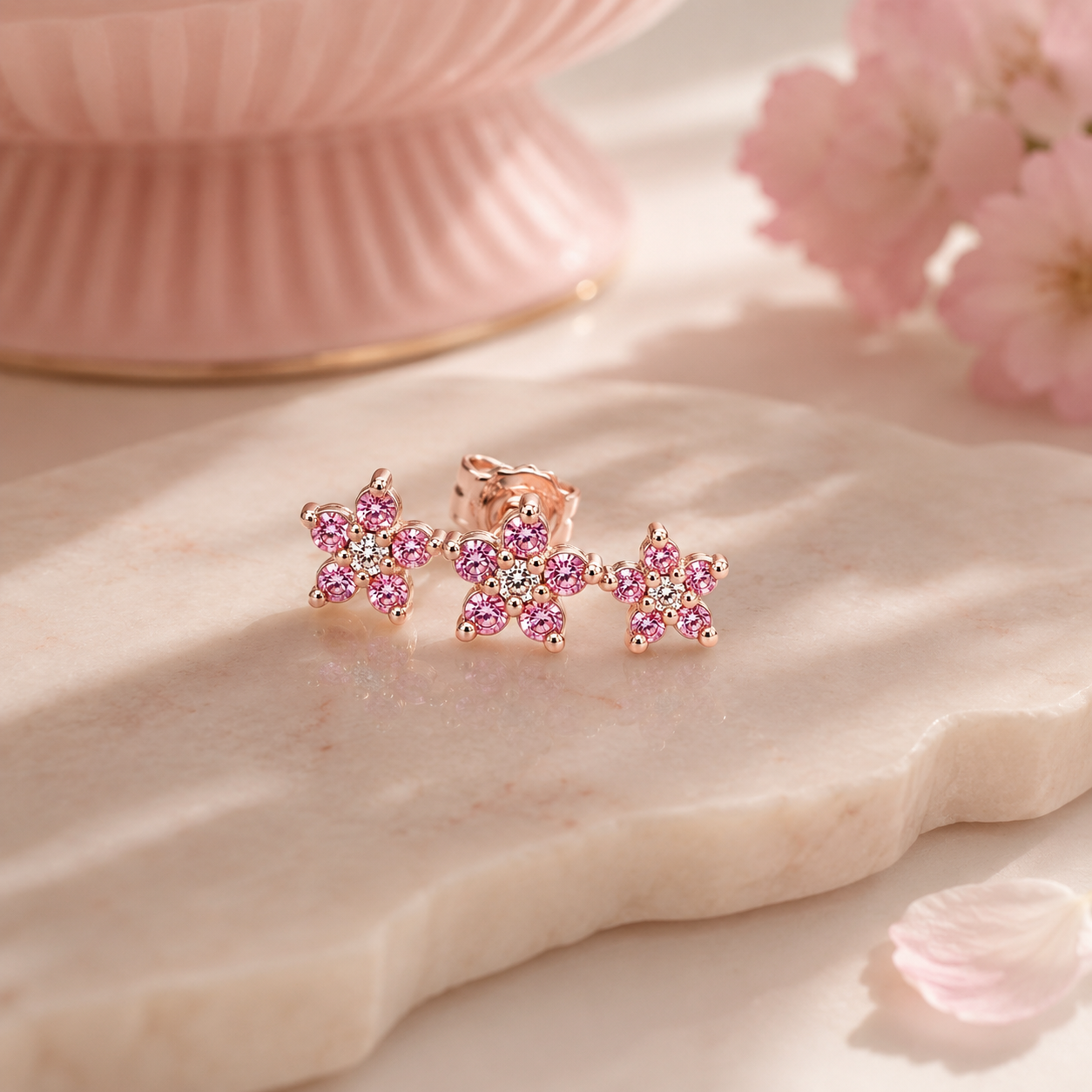 MONO ORECCHINO PICCOLO  IN ORO ROSA CON DIAMANTI E ZAFFIRI ROSA
