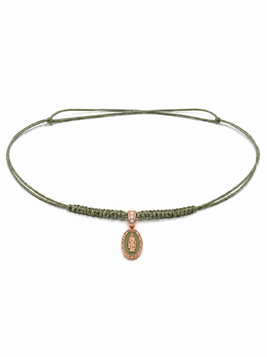COLLANA LACCIO CON MADONNINA SMALTATA VERDE E LACCIO VERDE IN ORO 9KT CON DIAMANTI