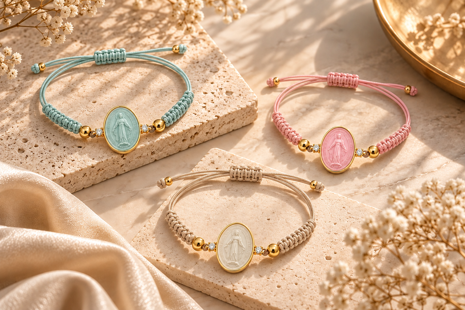 BRACCIALE IN ORO 9KT, ORO GIALLO CON MADONNINA IN CERAMICA E DIAMANTI