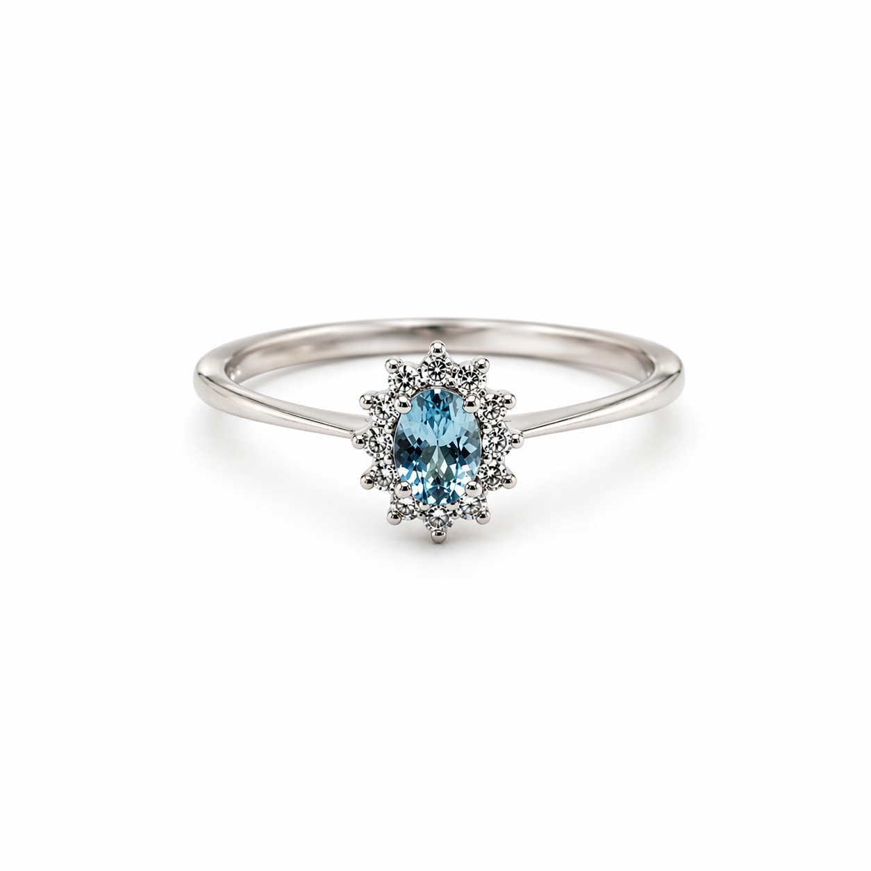 ANELLO IN ORO 9KT, ORO BIANCO CON DIAMANTI E OVALE ACQUAMARINA