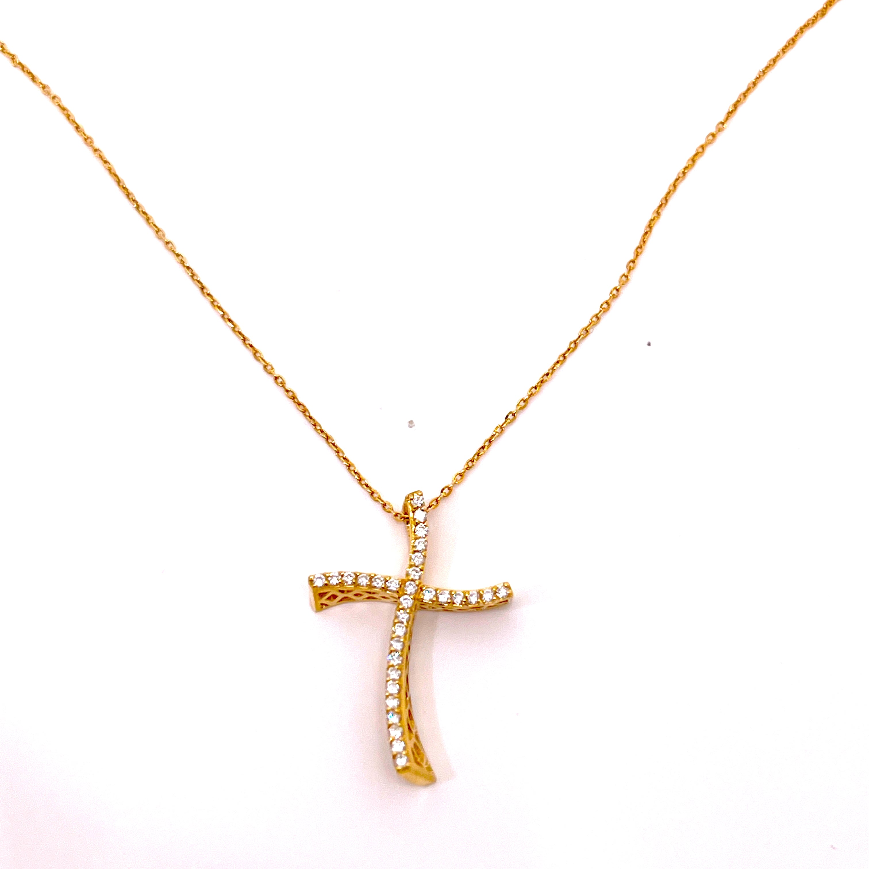 CROCE IN ORO GIALLO, CON DIAMANTI E CATENA