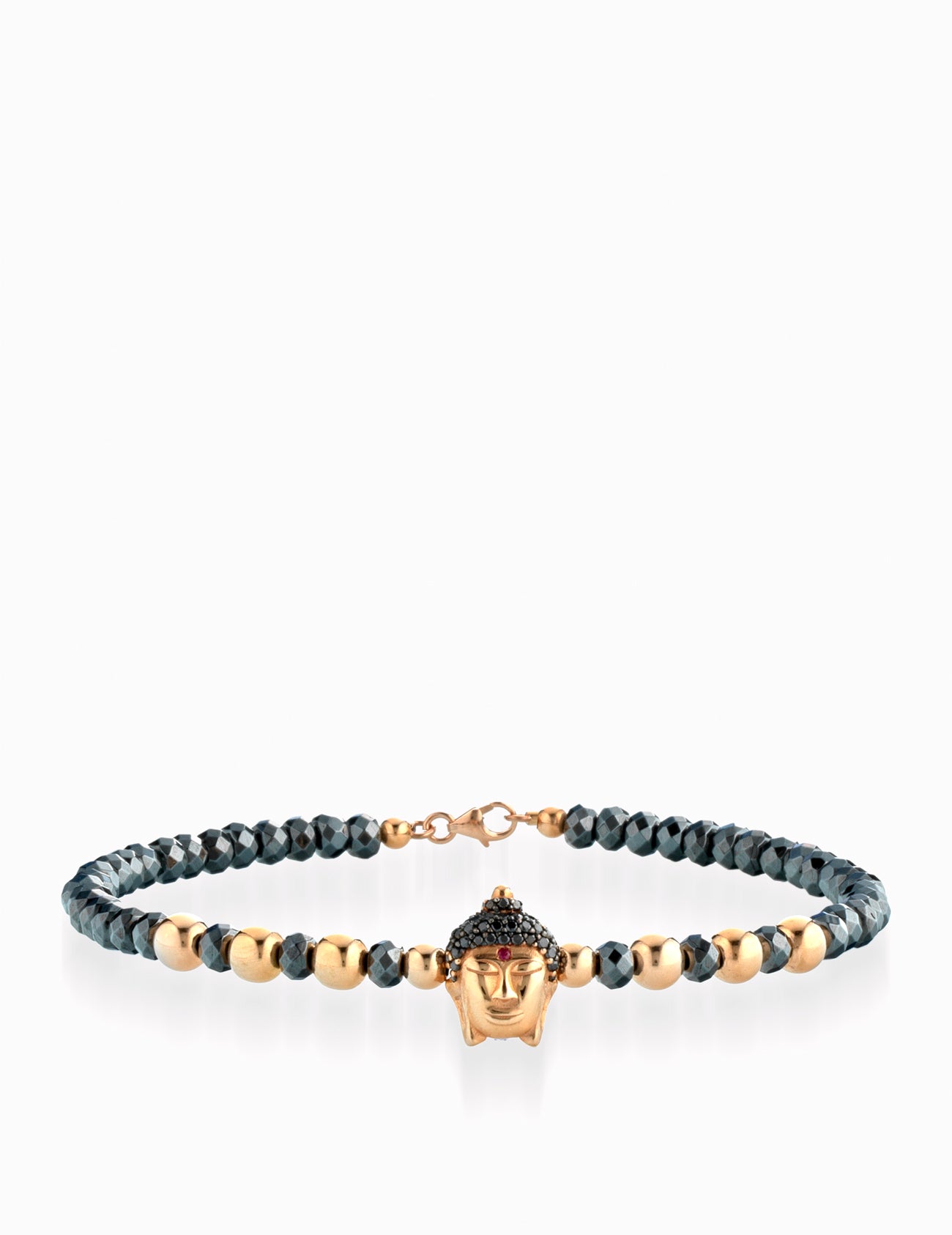 BRACCIALE TITANIO IN ORO ROSA CON BUDDAH CENTRALE DI DIAMANTI NERI E RUBINI
