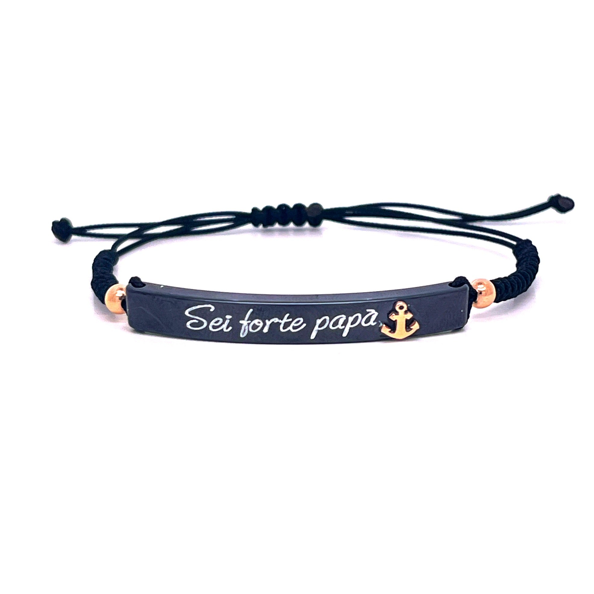 BRACCIALE CON TARGHETTA DI CERAMICA IN ORO 9KT E LACCIO NERO