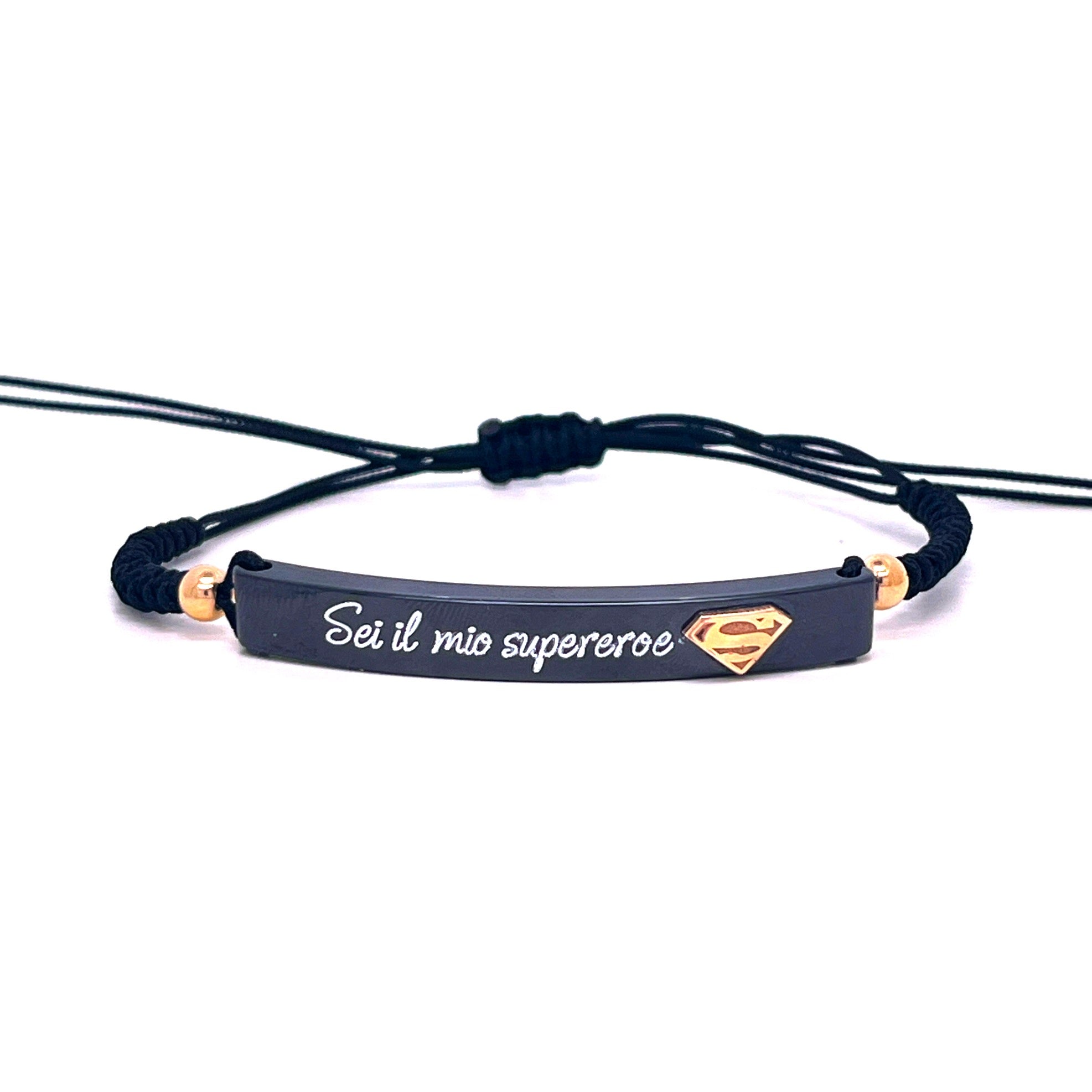 BRACCIALE CON TARGHETTA DI CERAMICA IN ORO 9KT E LACCIO NERO