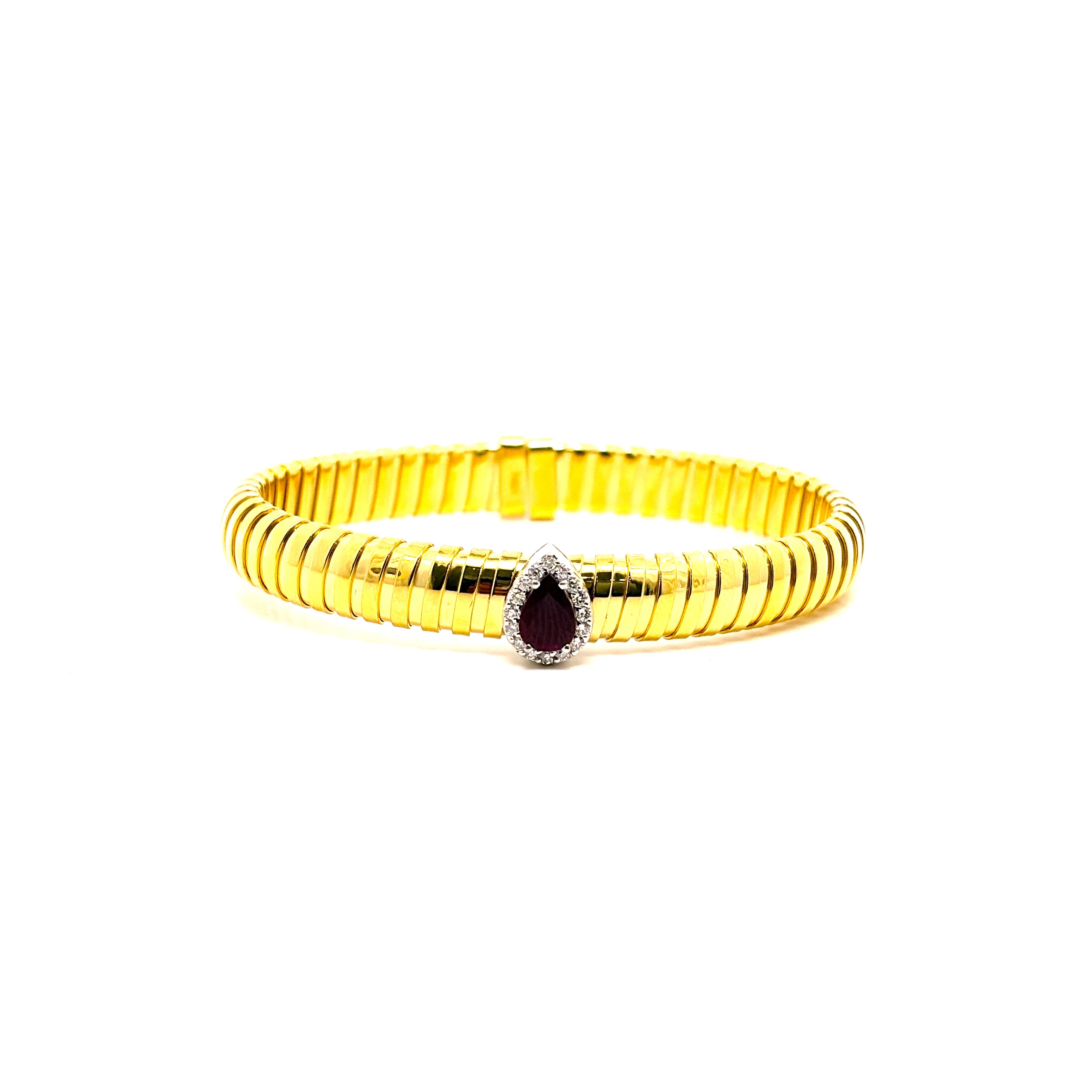 BRACCIALE RIGIDO IN ORO GIALLO CON DIAMANTI E GOCCIA DI RUBINI