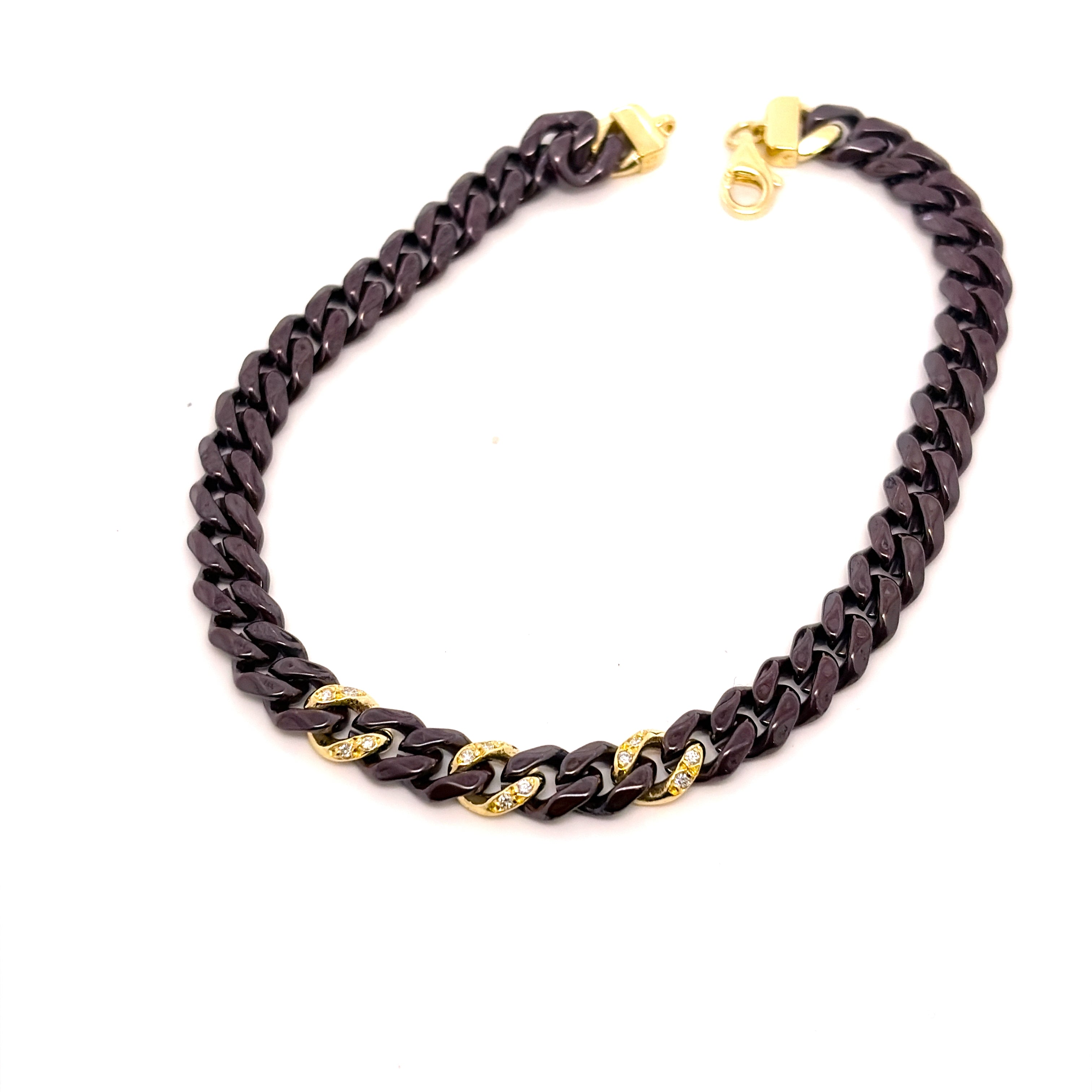 BRACCIALE IN CERAMICA MARRONE CON GRUMETTE CENTRALI E CHIUSURA IN ORO 9KT E DIAMANTI