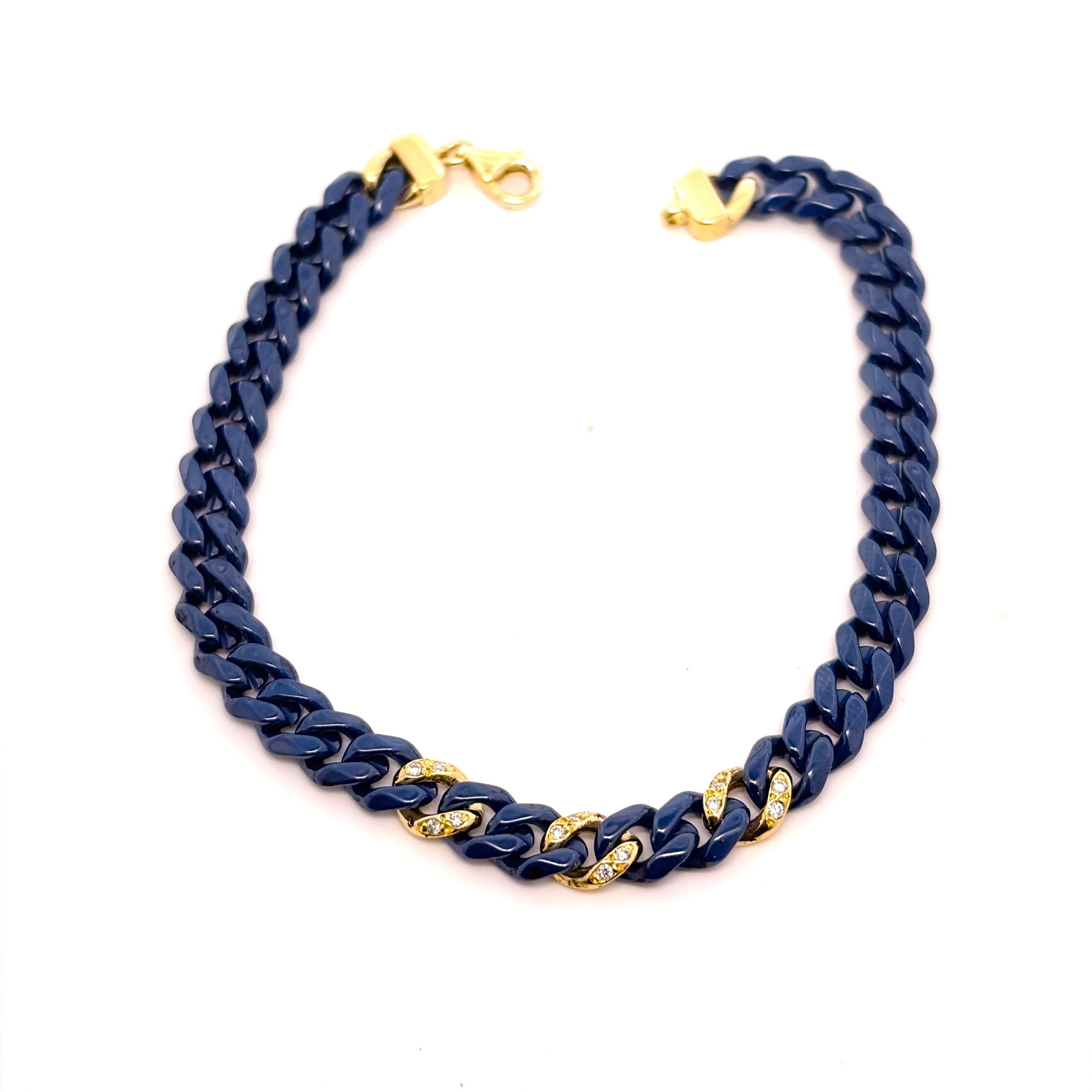BRACCIALE IN CERAMICA BLU CON GRUMETTE CENTRALI E CHIUSURA IN ORO 9KT E DIAMANTI