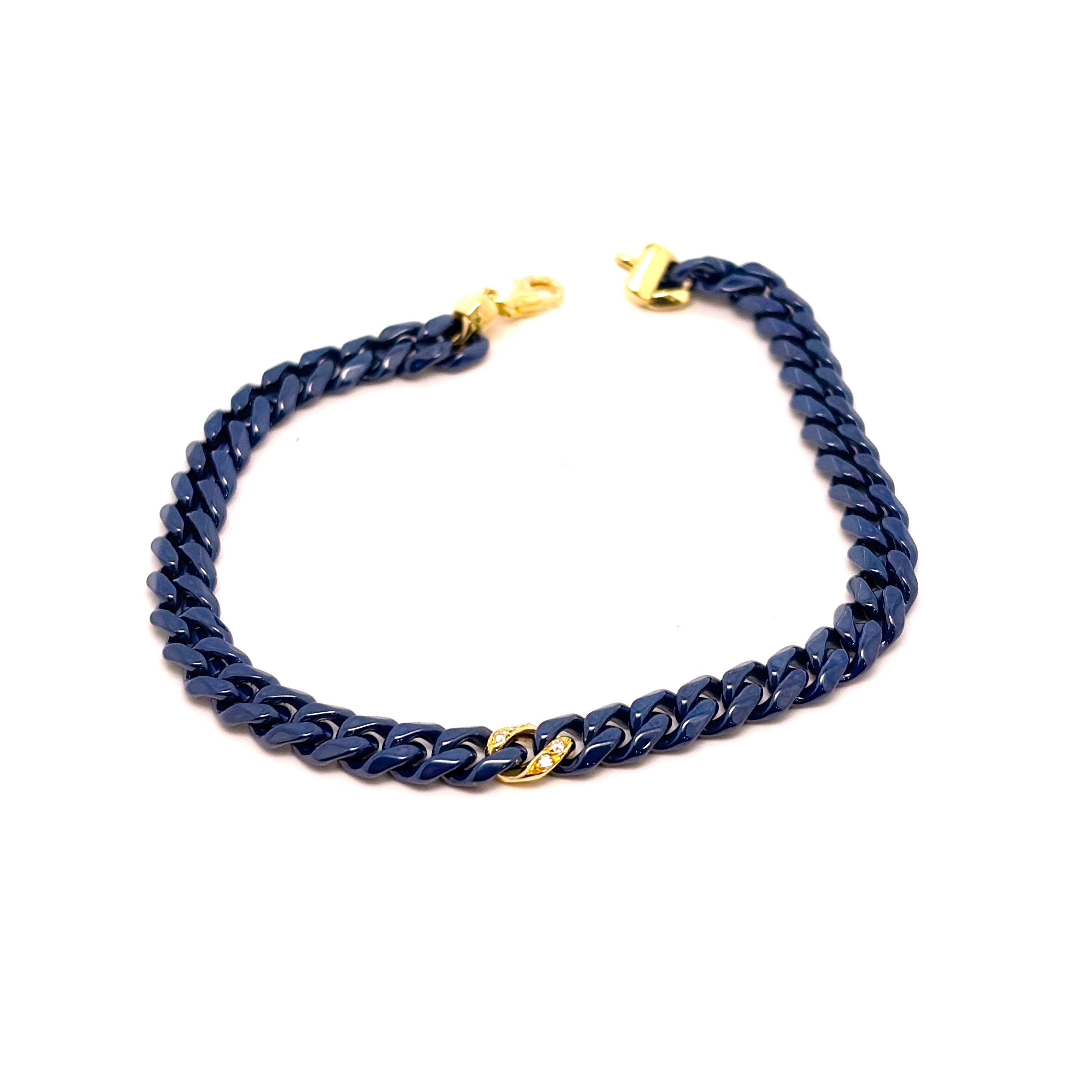 BRACCIALE IN CERAMICA BLU CON GRUMETTA CENTRALE E CHIUSURA IN ORO 9KT E DIAMANTI