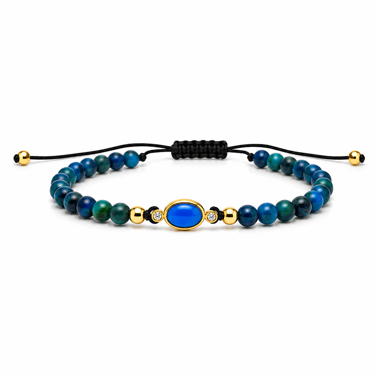 BRACCIALE LACCIO E EMATITE  IN ORO GIALLO CON CENTRALE BLU E DIAMANTINI