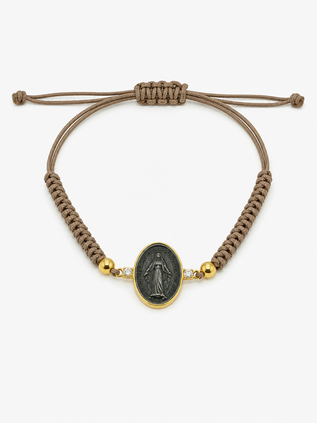 BRACCIALE IN ORO 9KT, CON LACCIO MADONNINA IN CERAMICA E DIAMANTI
