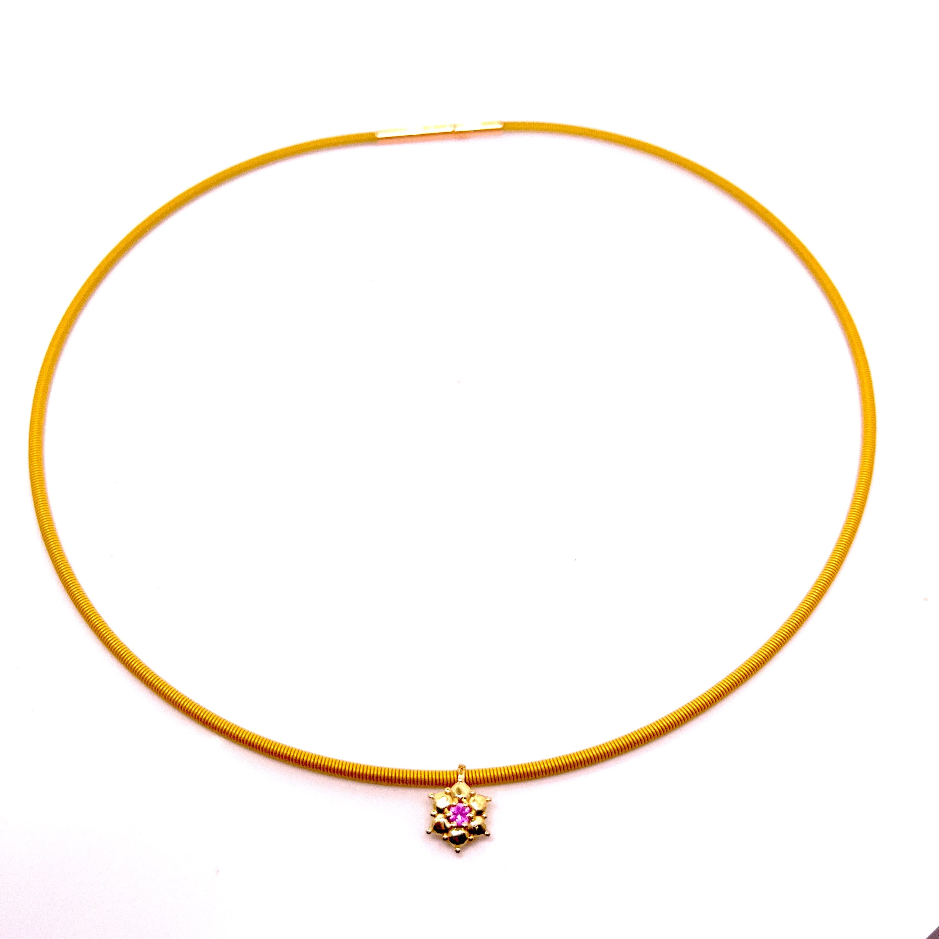 COLLANA  CON CINTURINO IN ORO ROSA CON FIORE CENTRALE DI COLORE E DIAMANTI