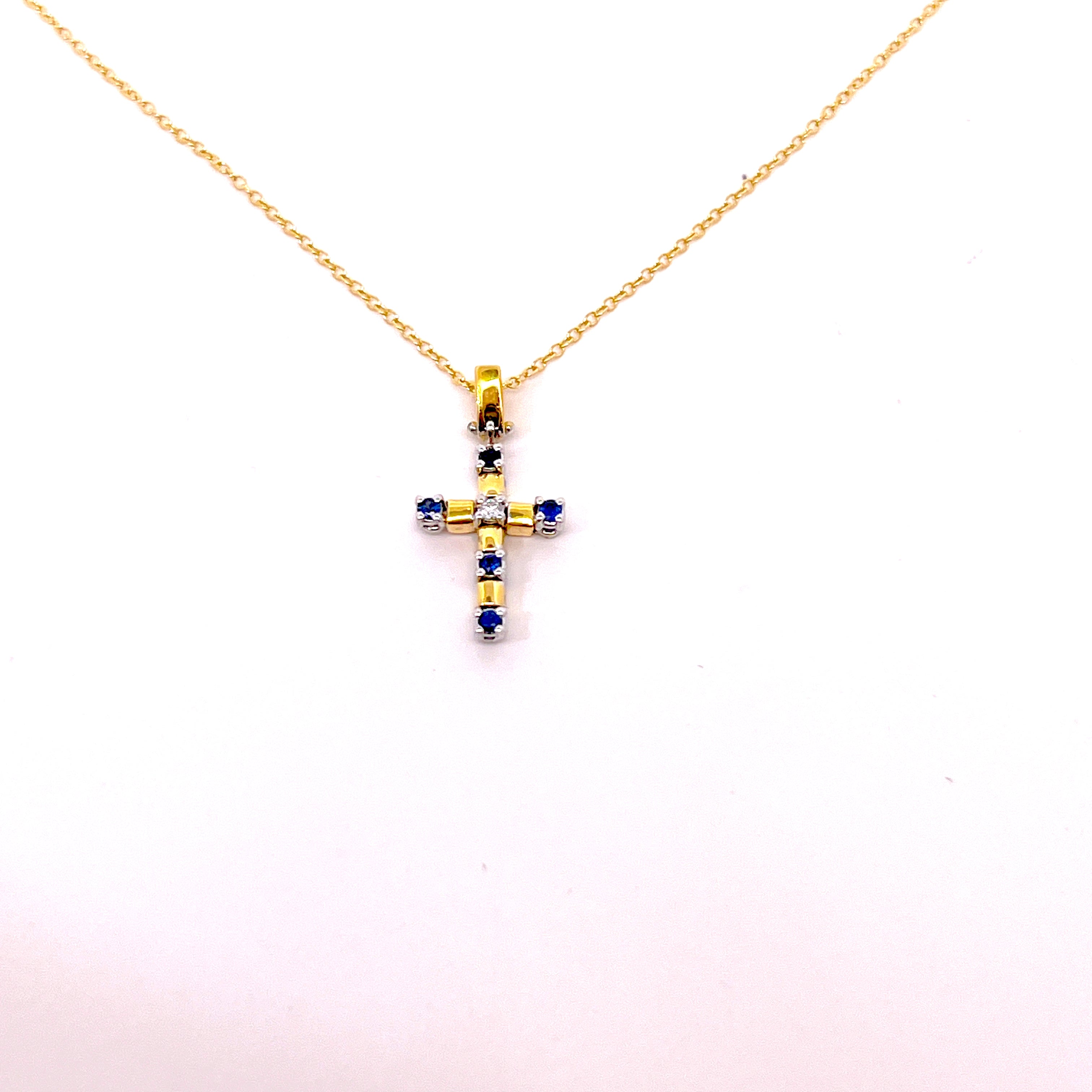 CROCE PICCOLA IN ORO GIALLE CON DIAMANTINO E ZAFFIRI