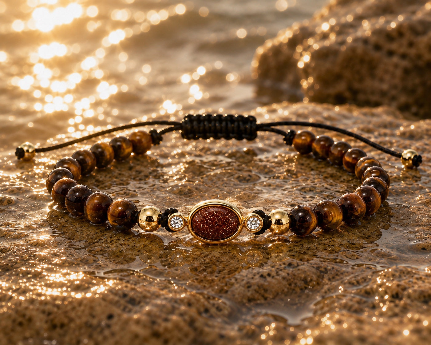 BRACCIALE LACCIO E EMATITE IN ORO GIALLO CON CENTRALE MARRONE E DIAMANTINI