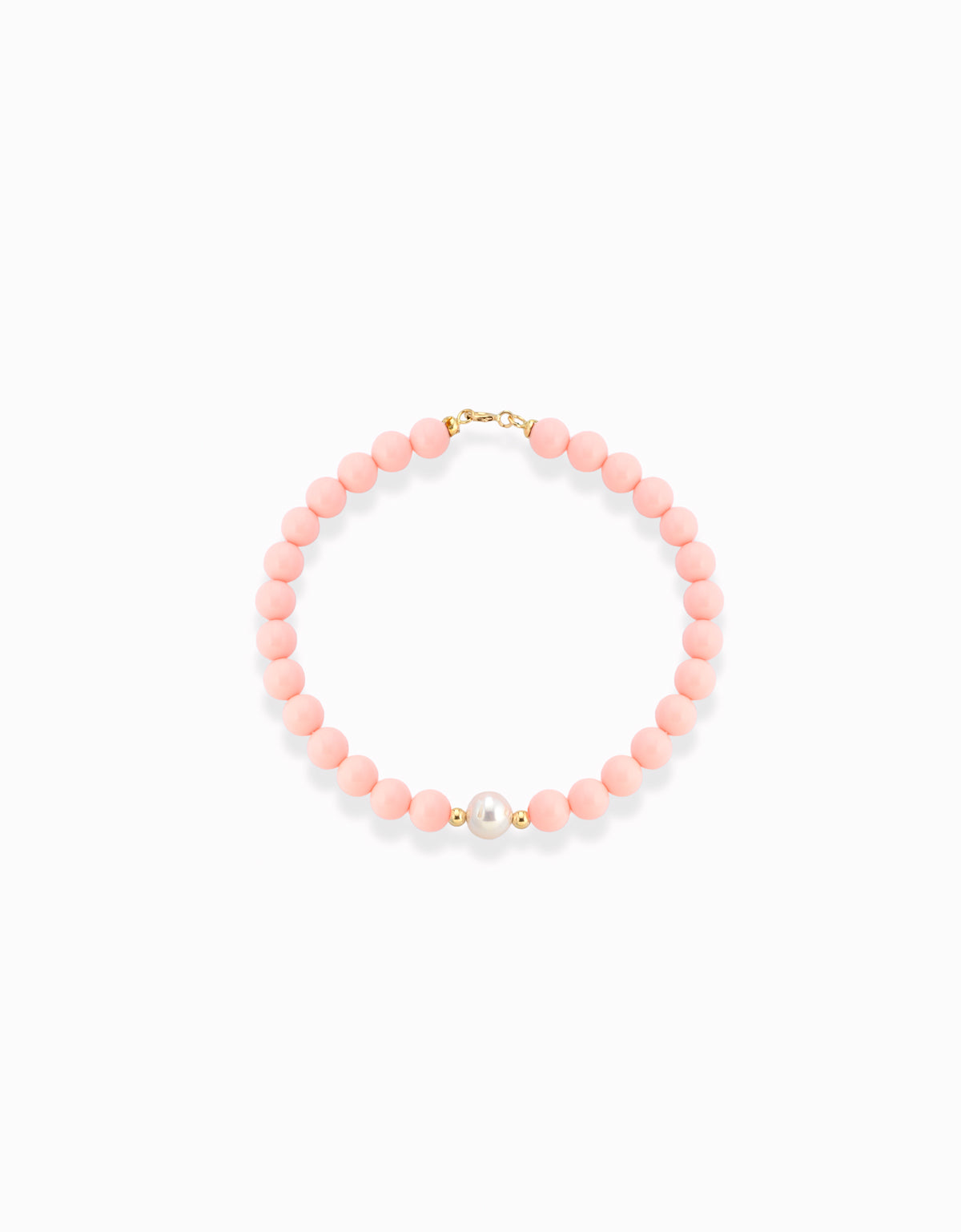 BRACCIALE CON PASTA DI CORALLO ROSA, PERLA CENTRALE CON PALLINE E CHIUSURE IN ORO GIALLO