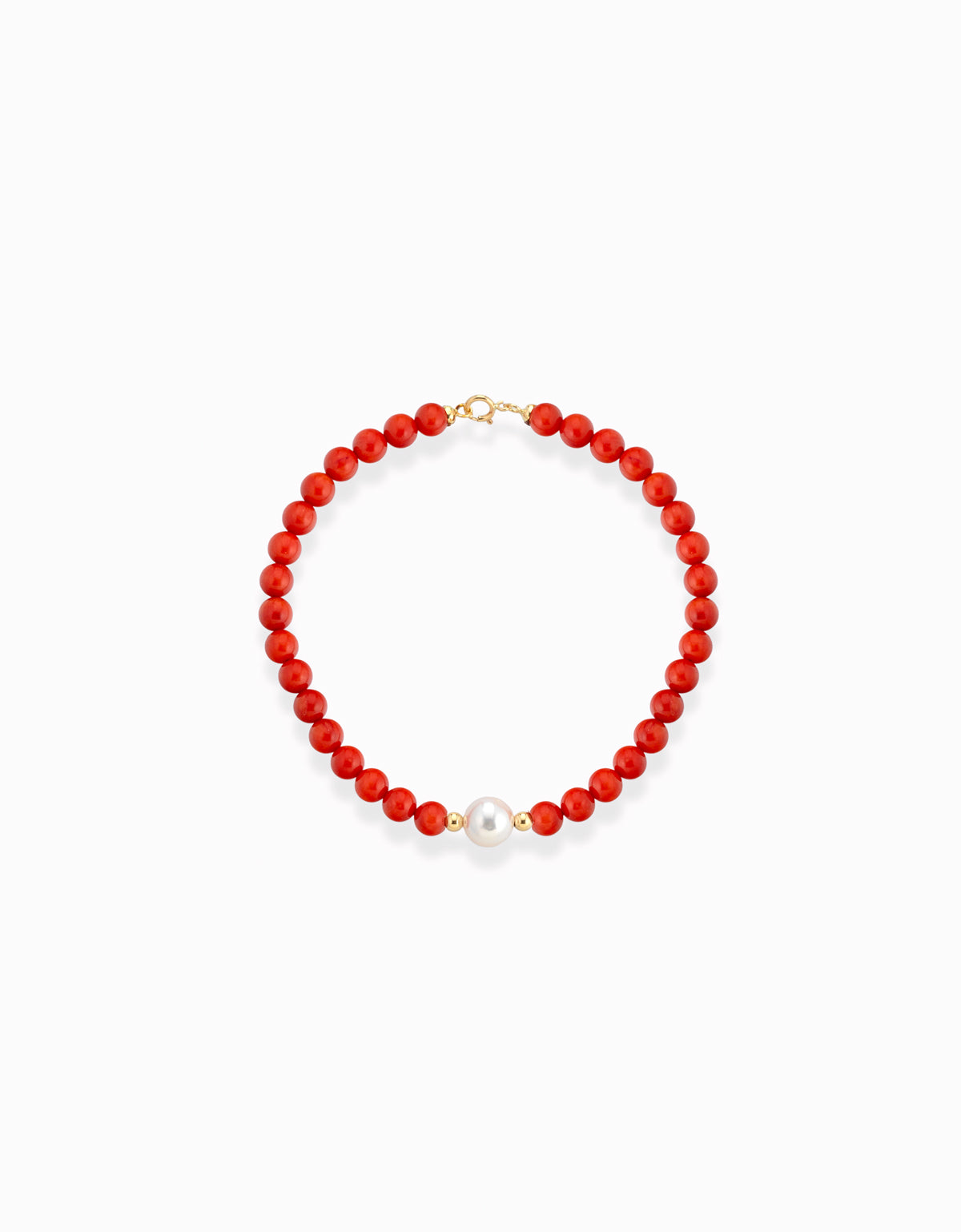 BRACCIALE CON PASTA DI CORALLO, PERLA CENTRALE CON PALLINE E CHIUSURE IN ORO GIALLO