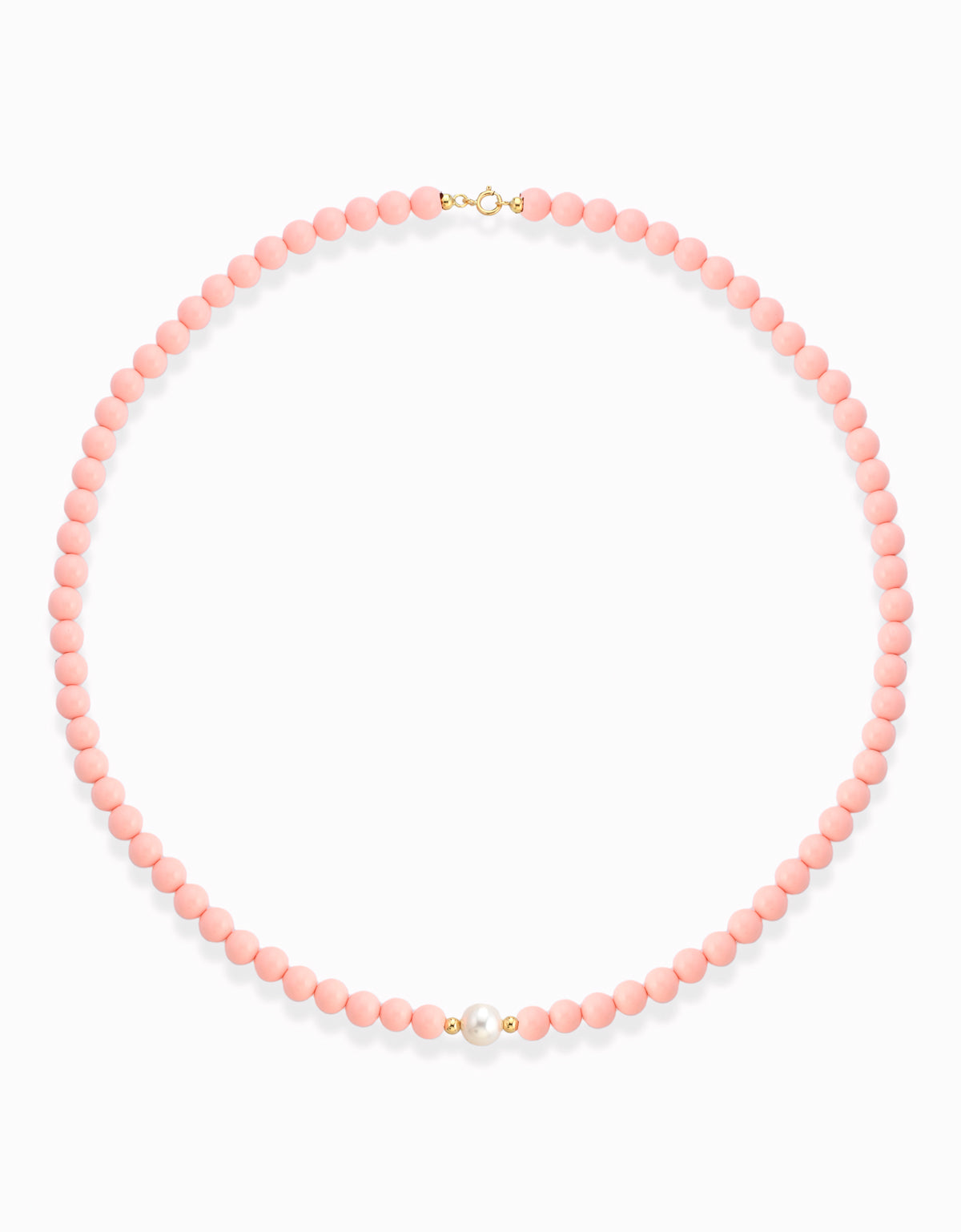 COLLANA CON PASTA DI CORALLO ROSA  CON PERLA CENTRALE CHIUSURA E PALLINE IN ORO GIALLO