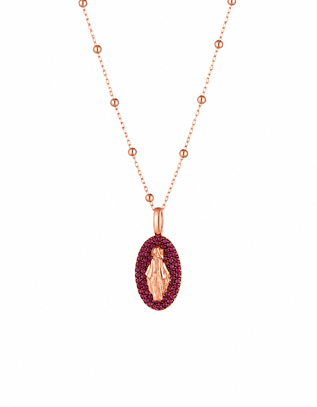CIONDOLO MADONNA IN ORO ROSA 18KT CON RUBINI