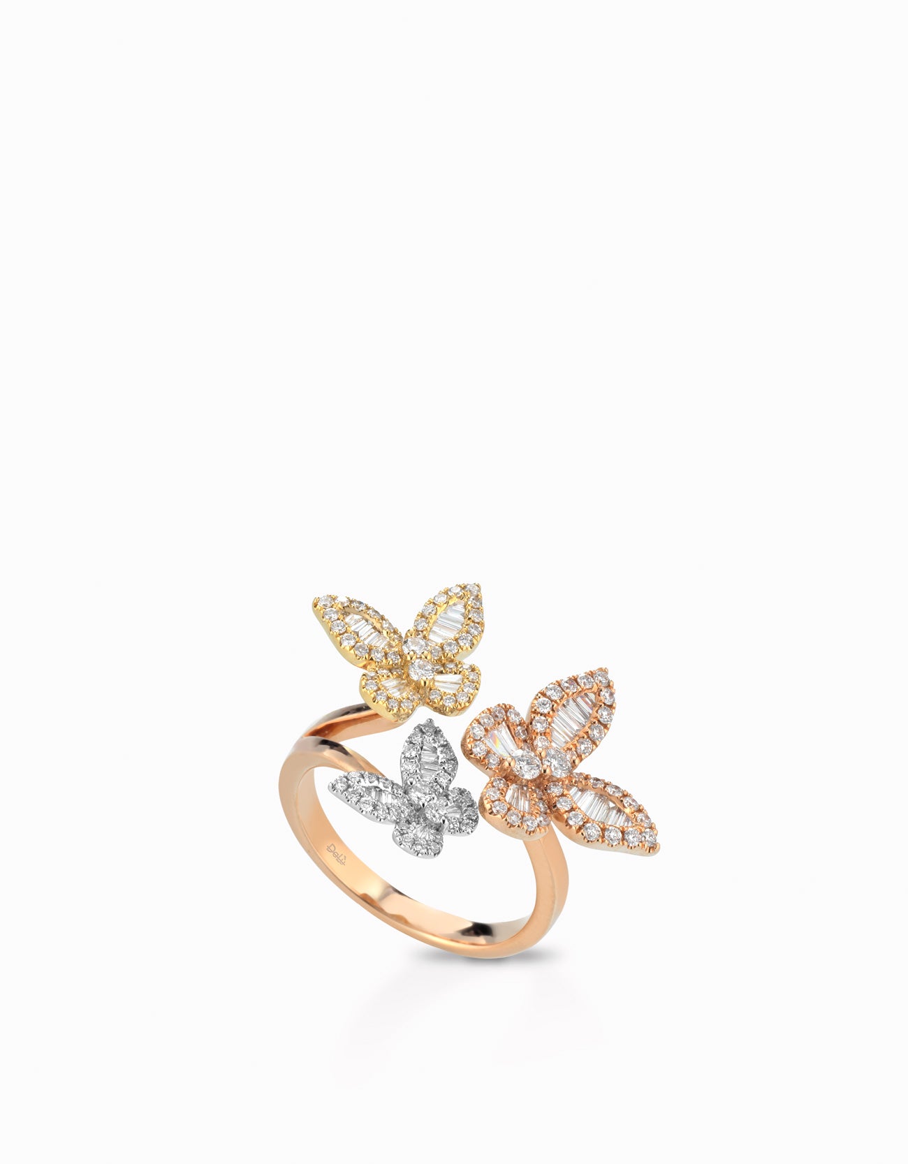 ANELLO IN ORO ROSA CON FARFALLE BICOLORE DIAMANTI E BAGUETTE