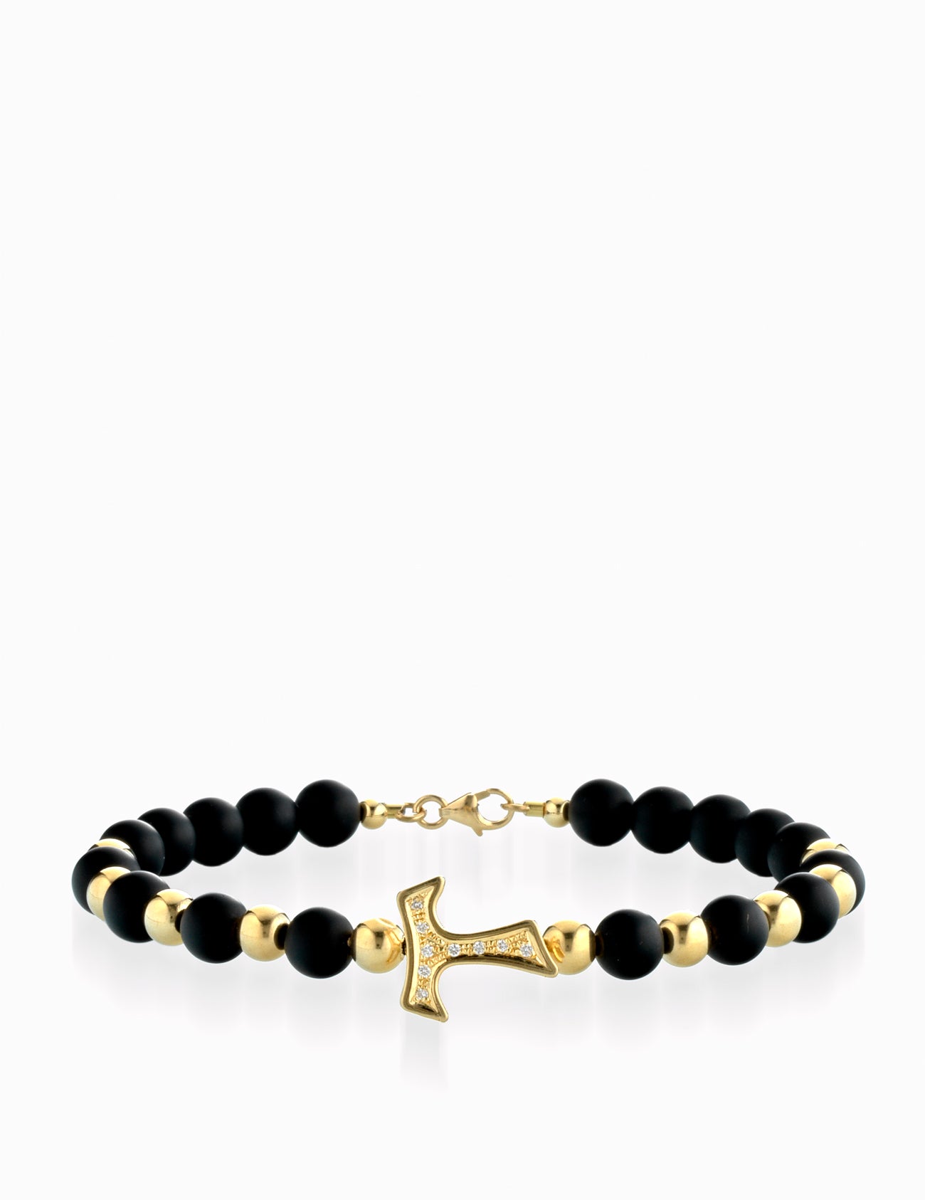 BRACCIALE TITANIO E ONICE  IN ORO GIALLO CON CROCE CENTRALE DI DIAMANTI