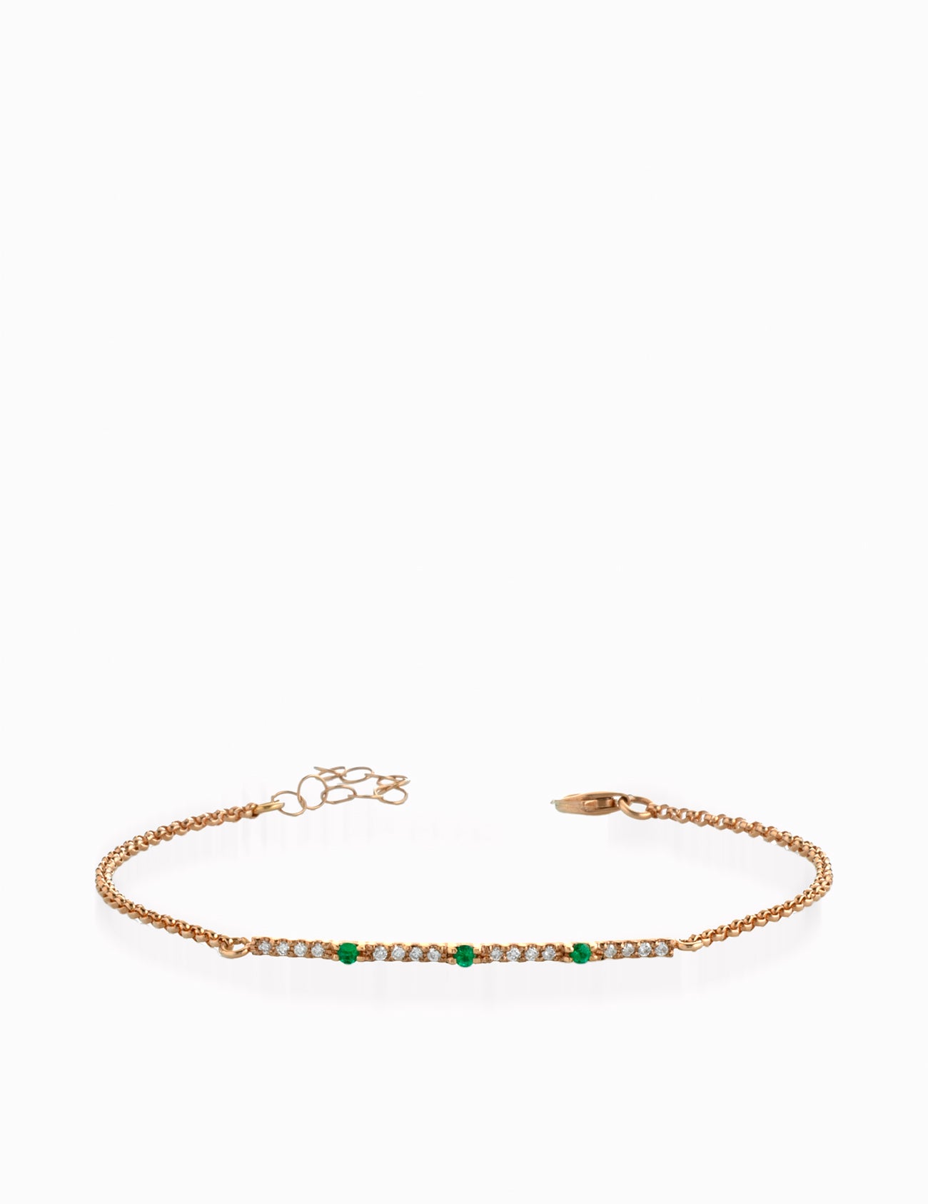 BRACCIALE CON CATENA IN ORO ROSA BACCHETTA CENTRALE CON DIAMANTI E SMERALDI