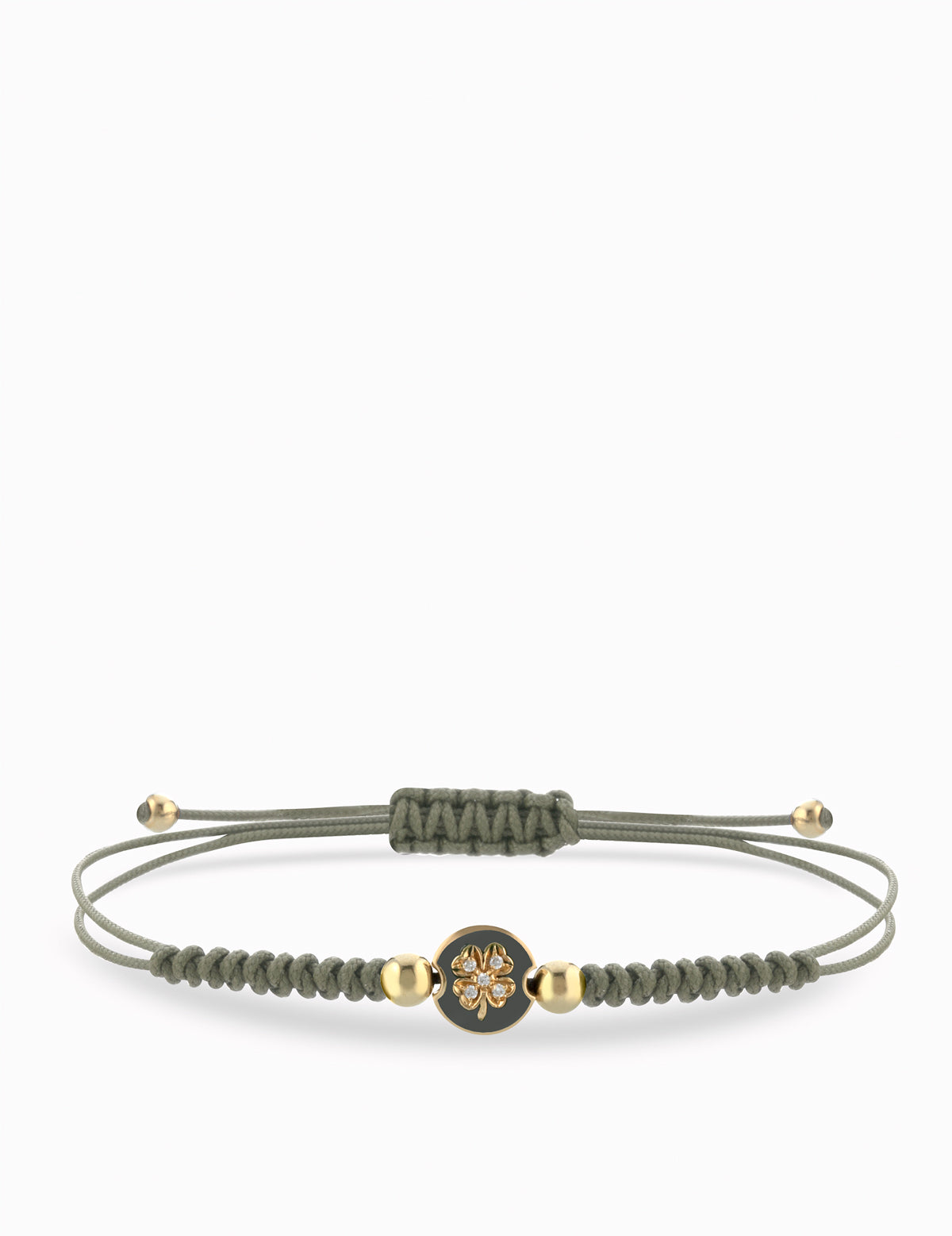 BRACCIALE LACCIO VERDE IN ORO GIALLO CON MONETINA CENTRALE E QUADRIFOGLIO DI DIAMANTI