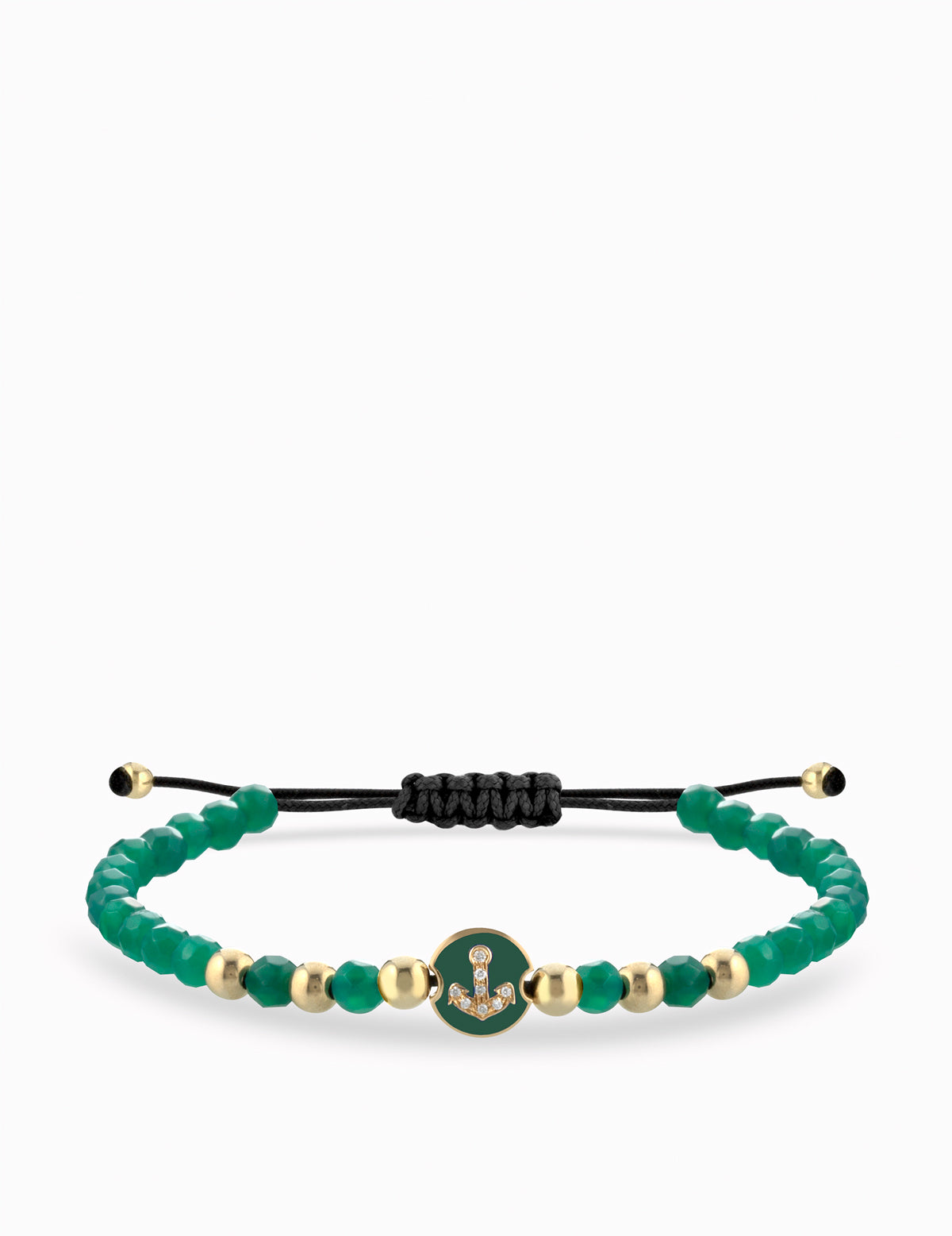 BRACCIALE LACCIO CON EMATITE VERDE IN ORO GIALLO E CON MONETINA CENTRALE E ANCORA DI DIAMANTI