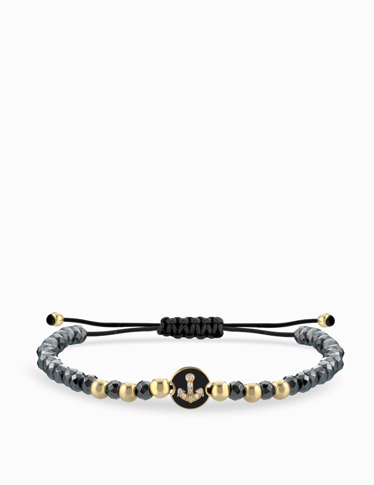 BRACCIALE LACCIO CON EMATITE  IN ORO GIALLO CON MONETINA CENTRALE E ANCORA DI DIAMANTI