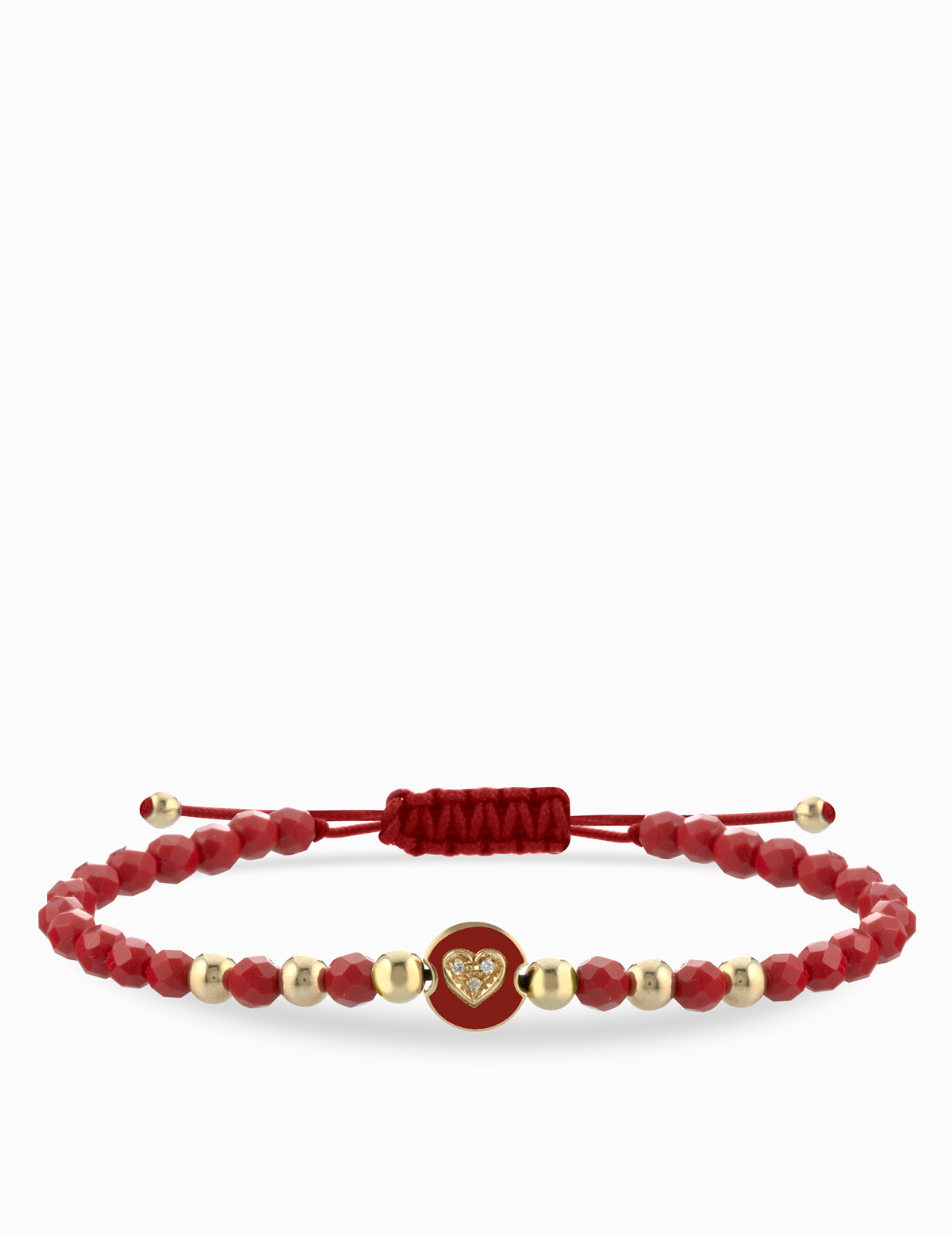 BRACCIALE LACCIO IN ORO GIALLO CON EMATITE ROSSA E MONETINA CENTRALE CON CUORE DI DIAMANTI