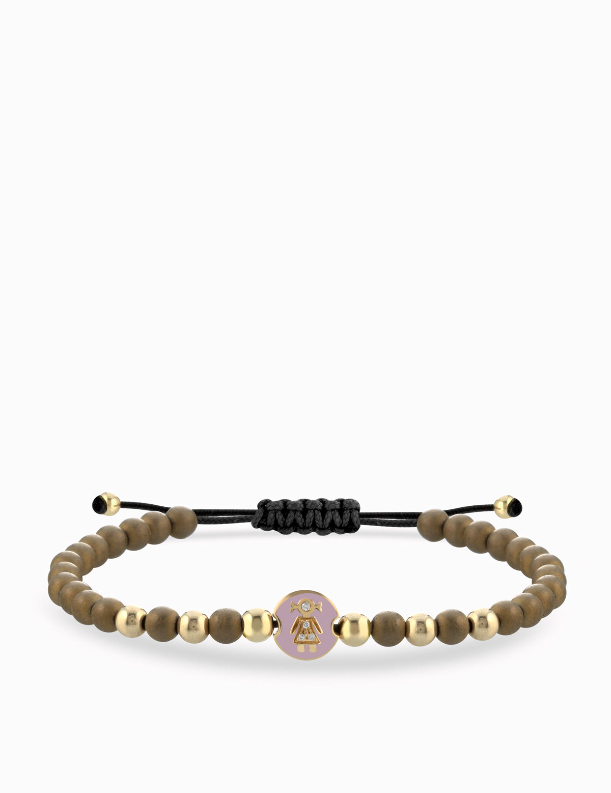 BRACCIALE LACCIO IN ORO GIALLO CON EMATITE MARRONE MONETINA CENTRALE CON BEBE' FEMMINA E DIAMTNI