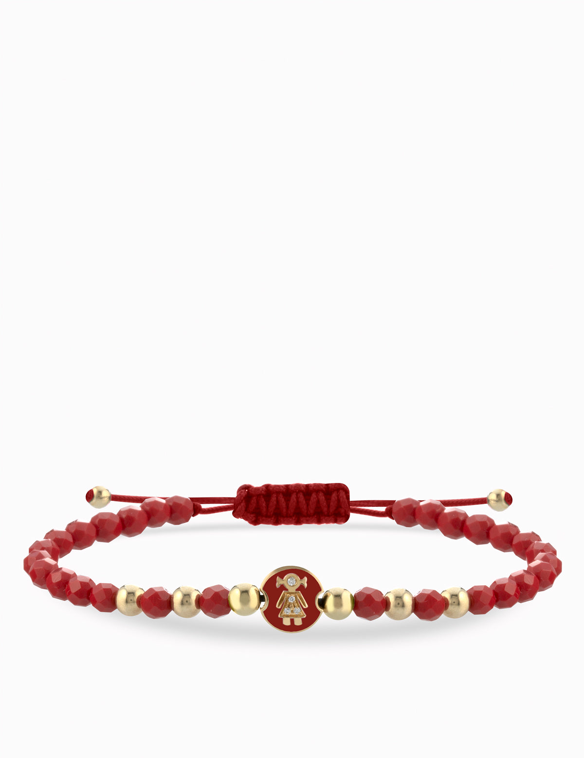 BRACCIALE LACCIO IN ORO GIALLO CON EMATITE ROSSA E CENTRALE CON MONETINA BEBE' FEMMINA DI DIAMANTI