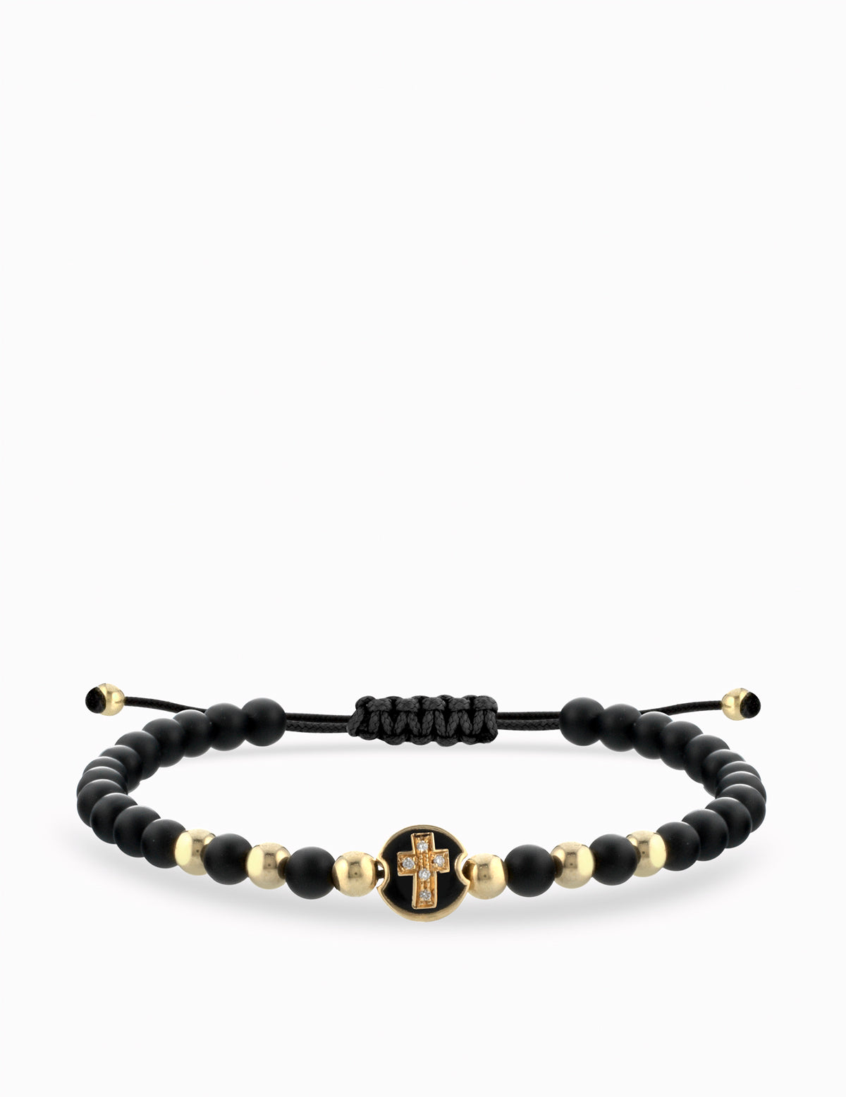 BRACCIALE LACCIO IN ORO GIALLO CON ONICE MONETINA CENTRALE CON CROCE E DIAMANTI