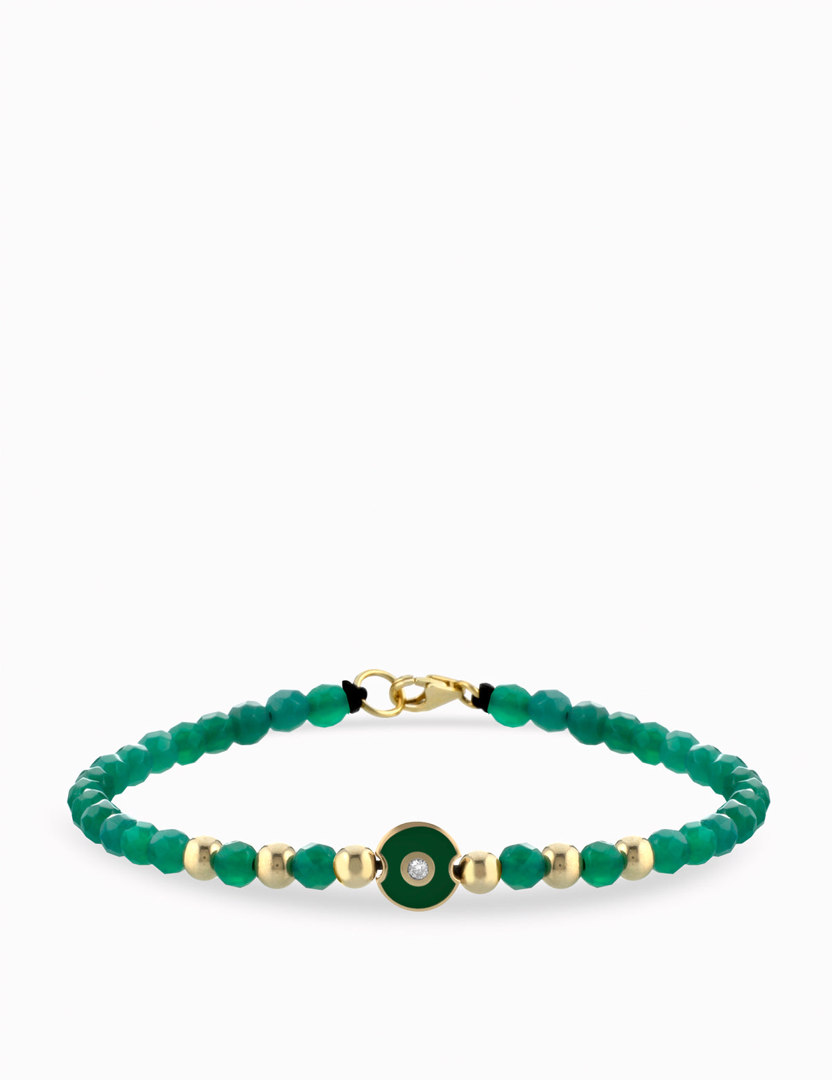 BRACCIALE LACCIO IN ORO GIALLO CON EMATITE VERDE CENTRALE MONETINA E DIAMANTINO