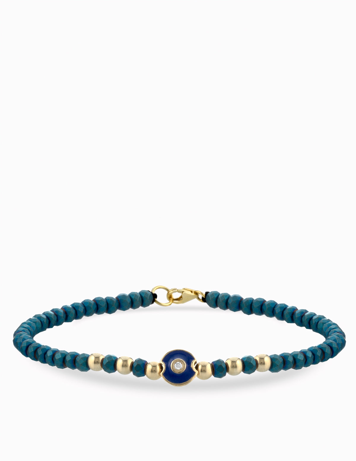 BRACCIALE LACCIO IN ORO GIALLO CON EMATITE BLU  E CENTRALE MONETINA CON DIAMANTE