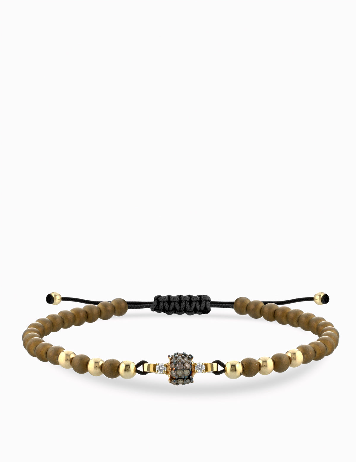 BRACCIALE LACCIO IN ORO GIALLO CON EMATITE, CENTRALE DI DIAMANTI BIANCHI E DIAMANTI BROWN