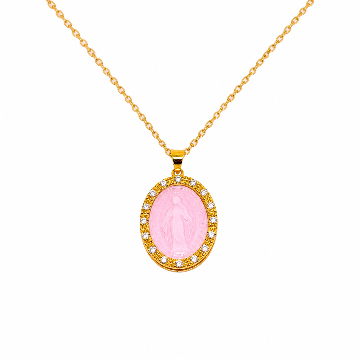 COLLANA IN ORO GIALLO CON CERAMICA ROSA ALL'INTERNO CON MADONINNA  E DIAMANTI INTORNO