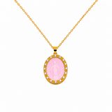 COLLANA IN ORO GIALLO CON CERAMICA ROSA ALL'INTERNO CON MADONINNA  E DIAMANTI INTORNO