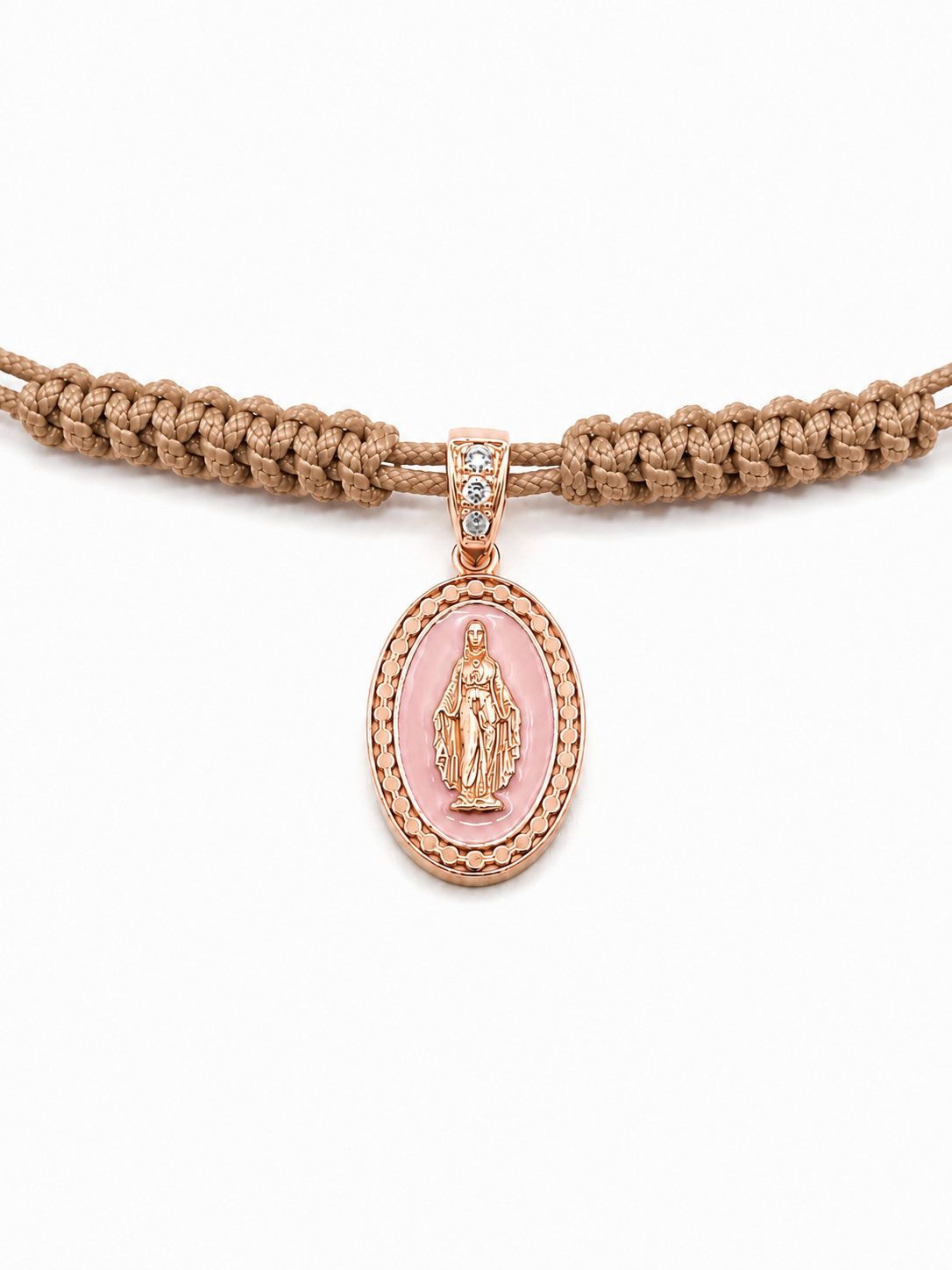 COLLANA LACCIO MADONNINA SMALTATA ROSA E LACCIO BISCOTTO IN ORO 9KT