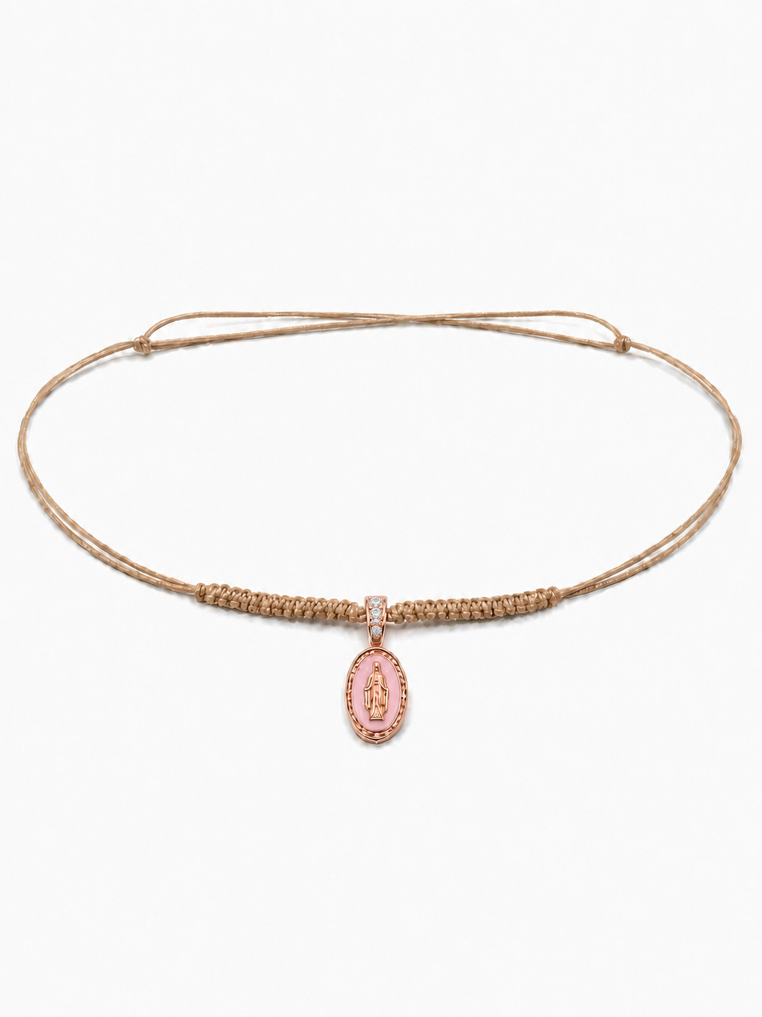 COLLANA LACCIO MADONNINA SMALTATA ROSA E LACCIO BISCOTTO IN ORO 9KT