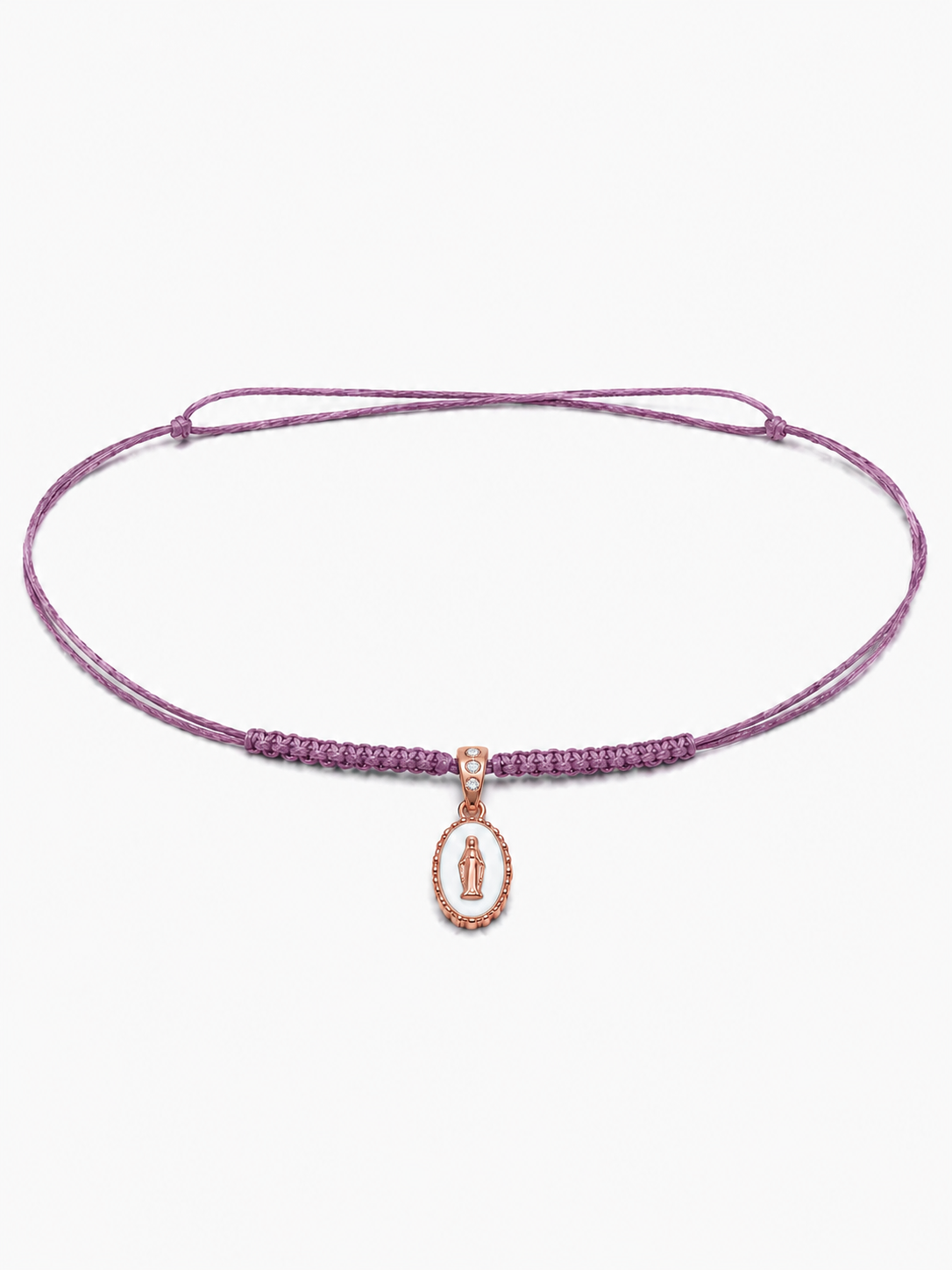 COLLANA LACCIO CON MADONNINA SMALTATA BIANCA E LACCIO MALVA IN ORO 9KT