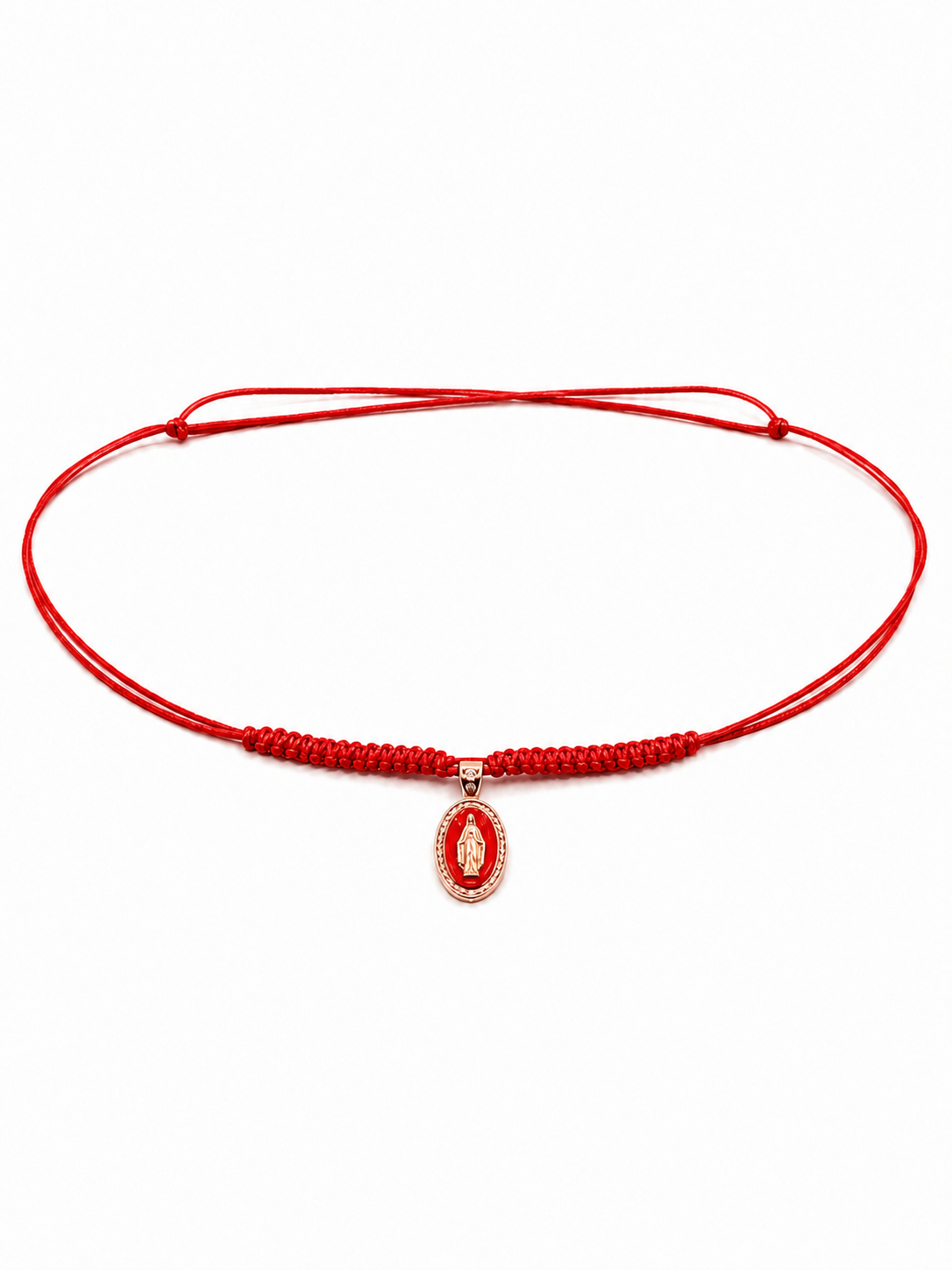 COLLANA LACCIO CON MADONNINA SMALTATA ROSSA E LACCIO ROSSO IN ORO 9KT E DIAMANTINI