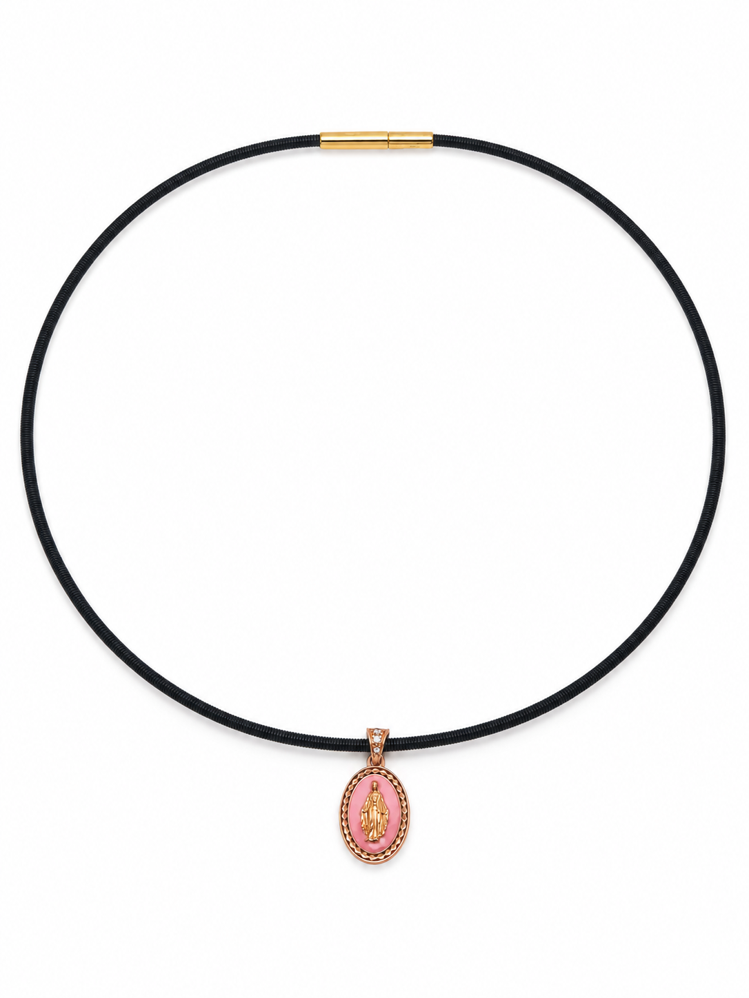 COLLANA CON  CINTURINO NERO IN ORO ROSA CON MADONNINA SMALTATA ROSA 9KT