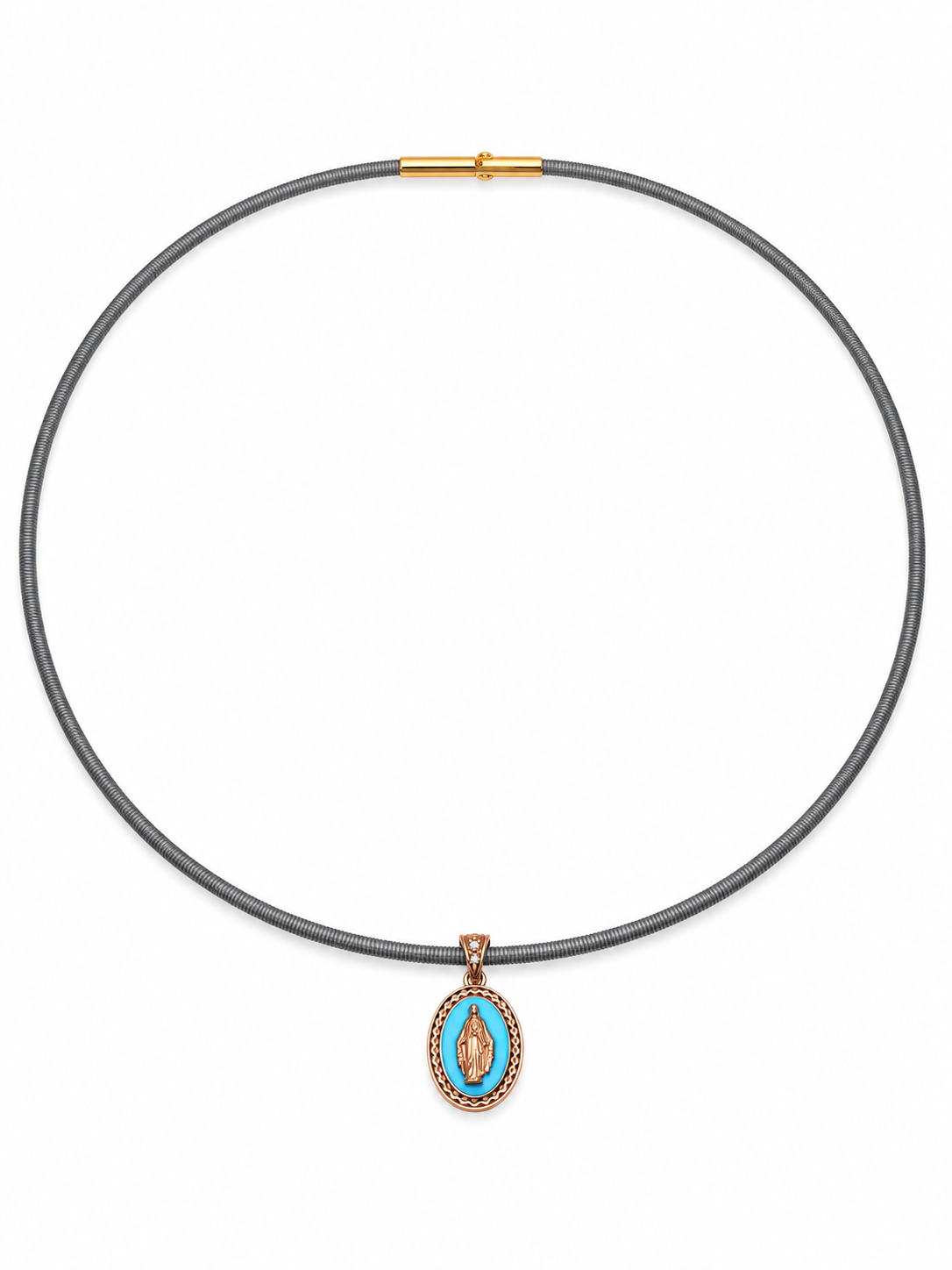 COLLANA CON CINTURINO GRIGIO E MADONNINA IN ORO ROSA SMALTATA AZZURRA 9KT