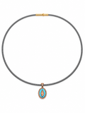 COLLANA CON CINTURINO GRIGIO E MADONNINA IN ORO ROSA SMALTATA AZZURRA 9KT